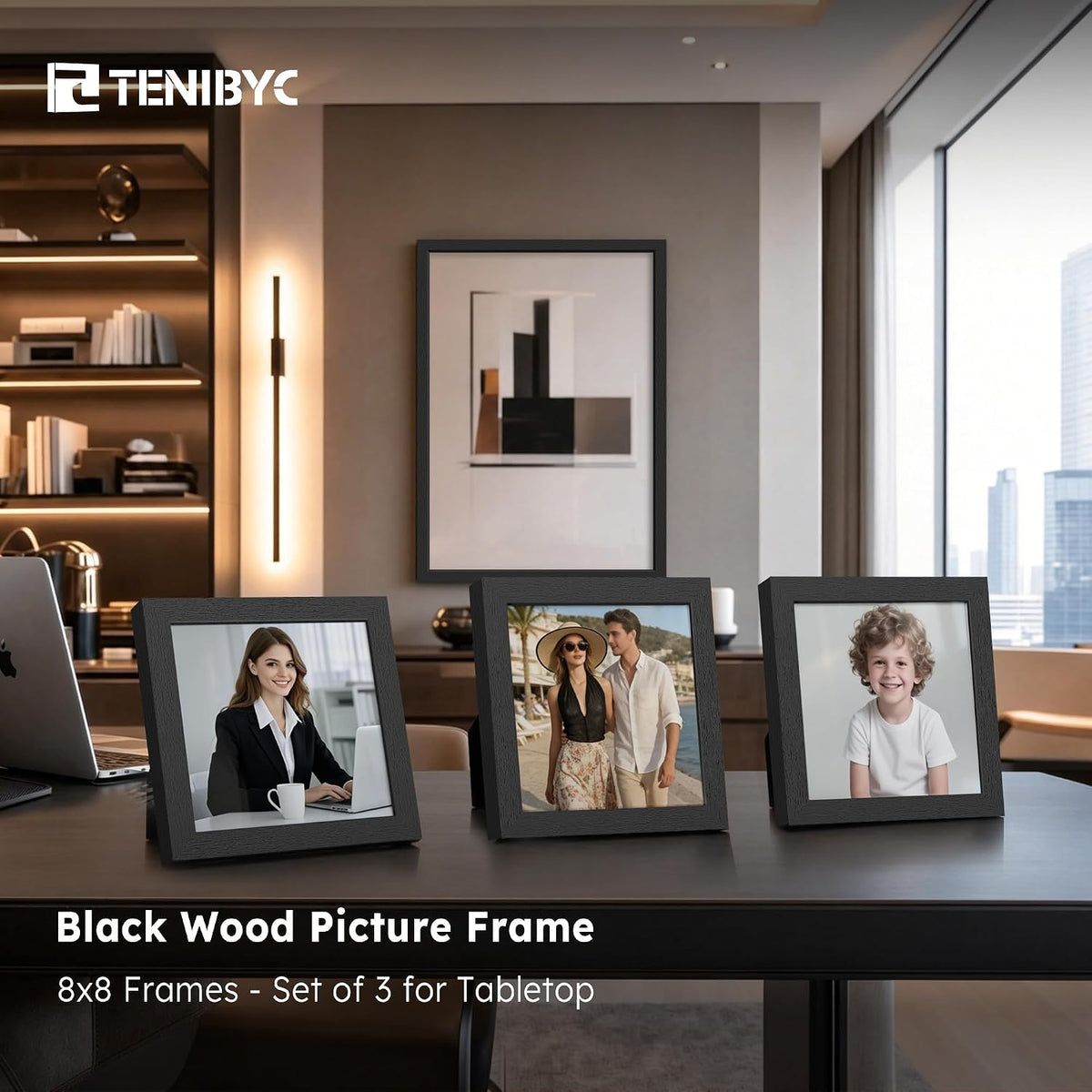 8x8 picture frames 3 Pack, Black Wood, Real Glass, for Photos | Thick HD Tempered Glass, Tabletop or Wall Hanging