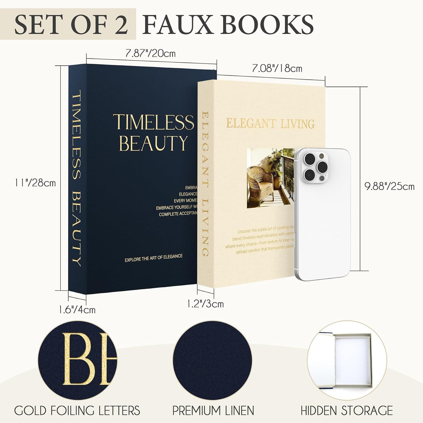 Modern Linen Faux Book Boxes / Dark Blue-beige / Set of 2
