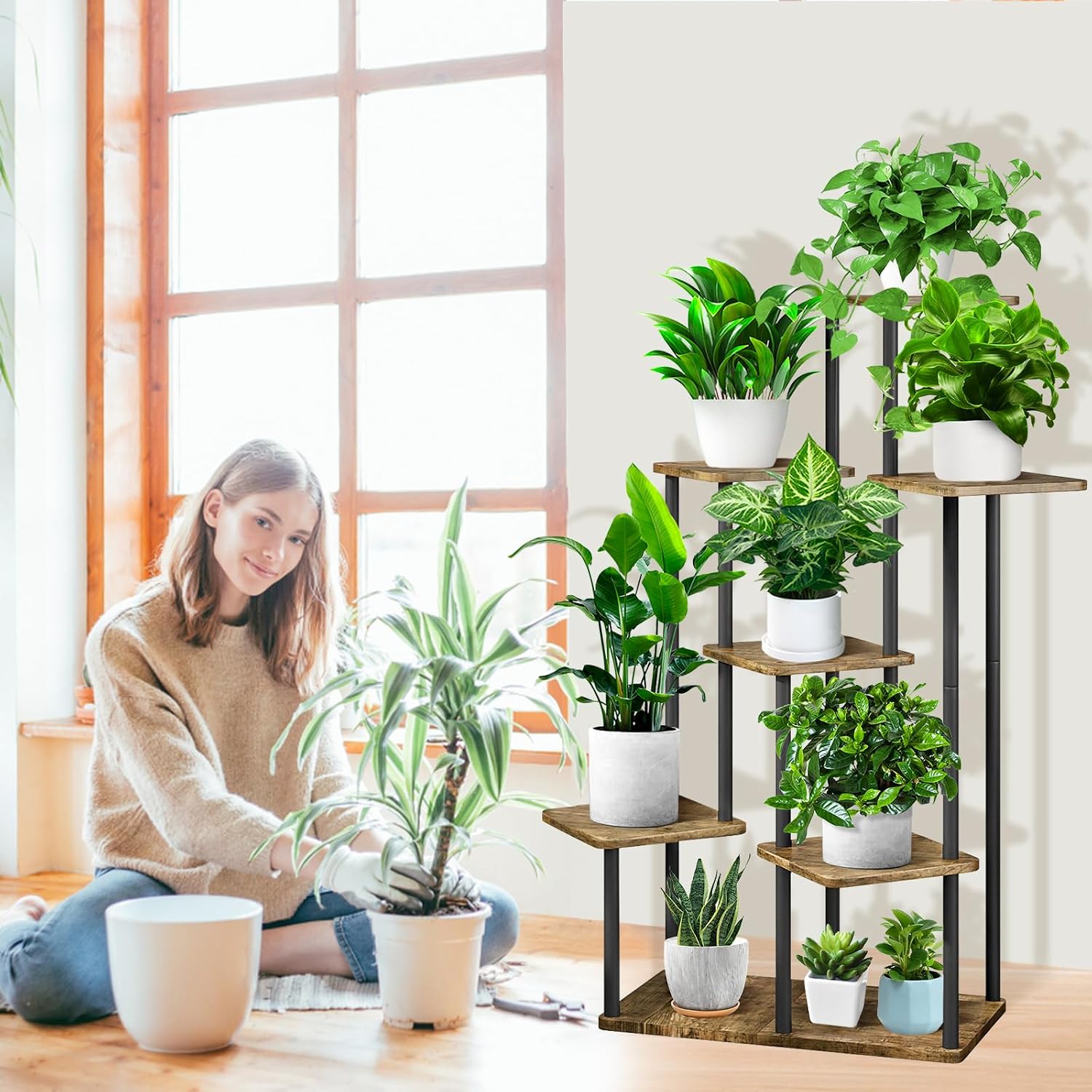 7 Tier Plant Stand Indoor, Thickened Metal Wood Corner Plant Shelf Stands for Multiple Plants, Indoor Tall Plants Stand