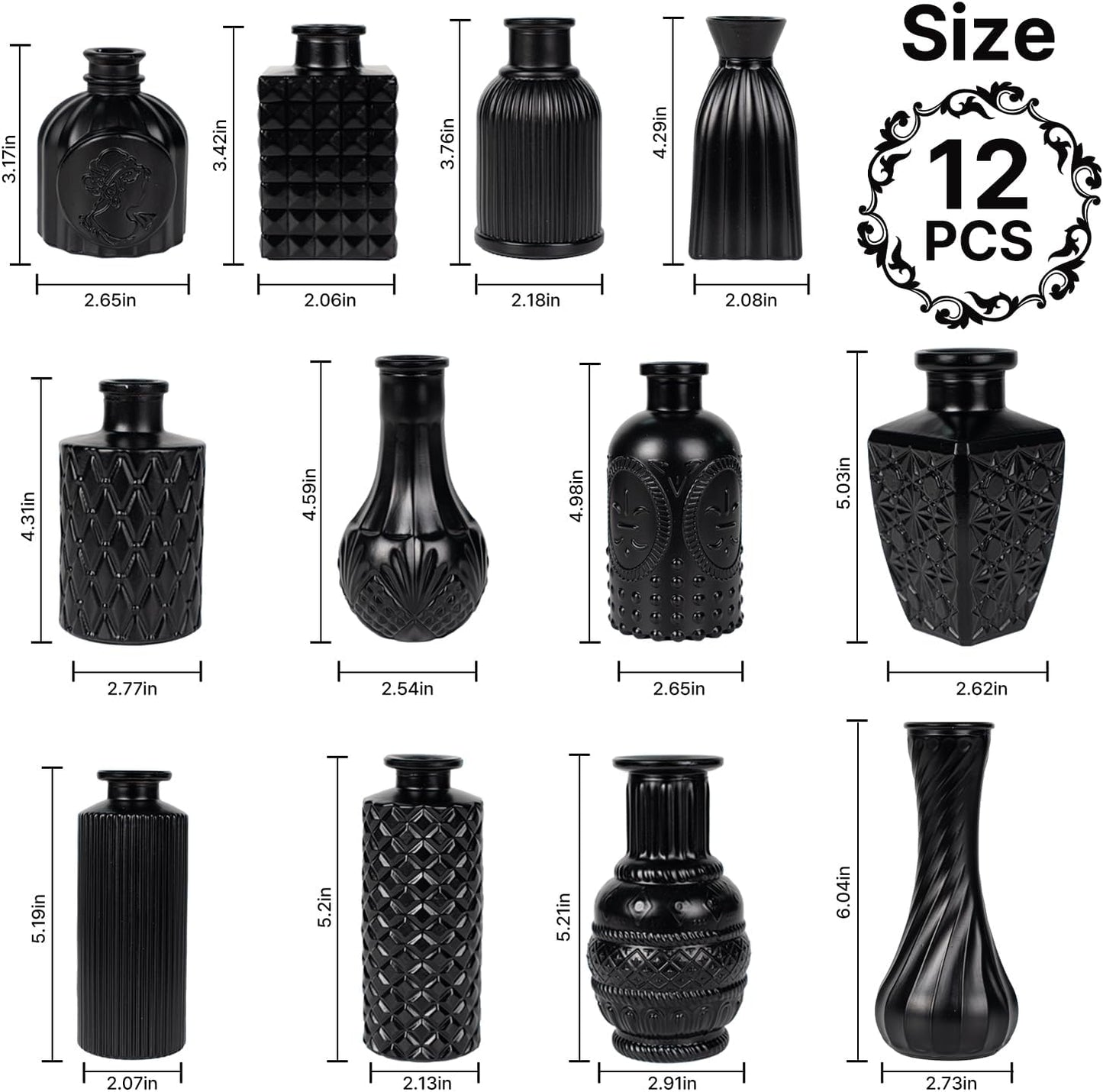 Black Glass Bud Vase Pcs / Classic Black / Set of 12