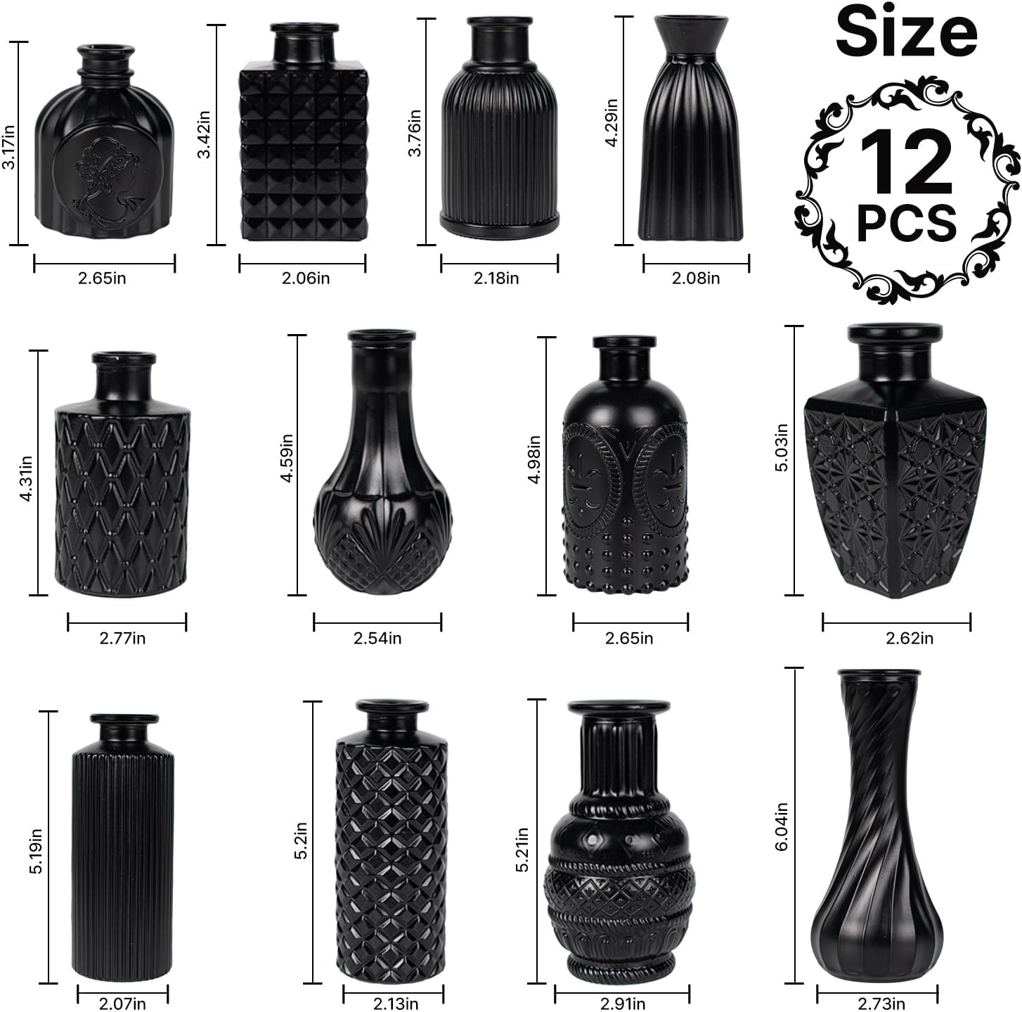 Black Glass Bud Vase Pcs / Classic Black / Set of 12