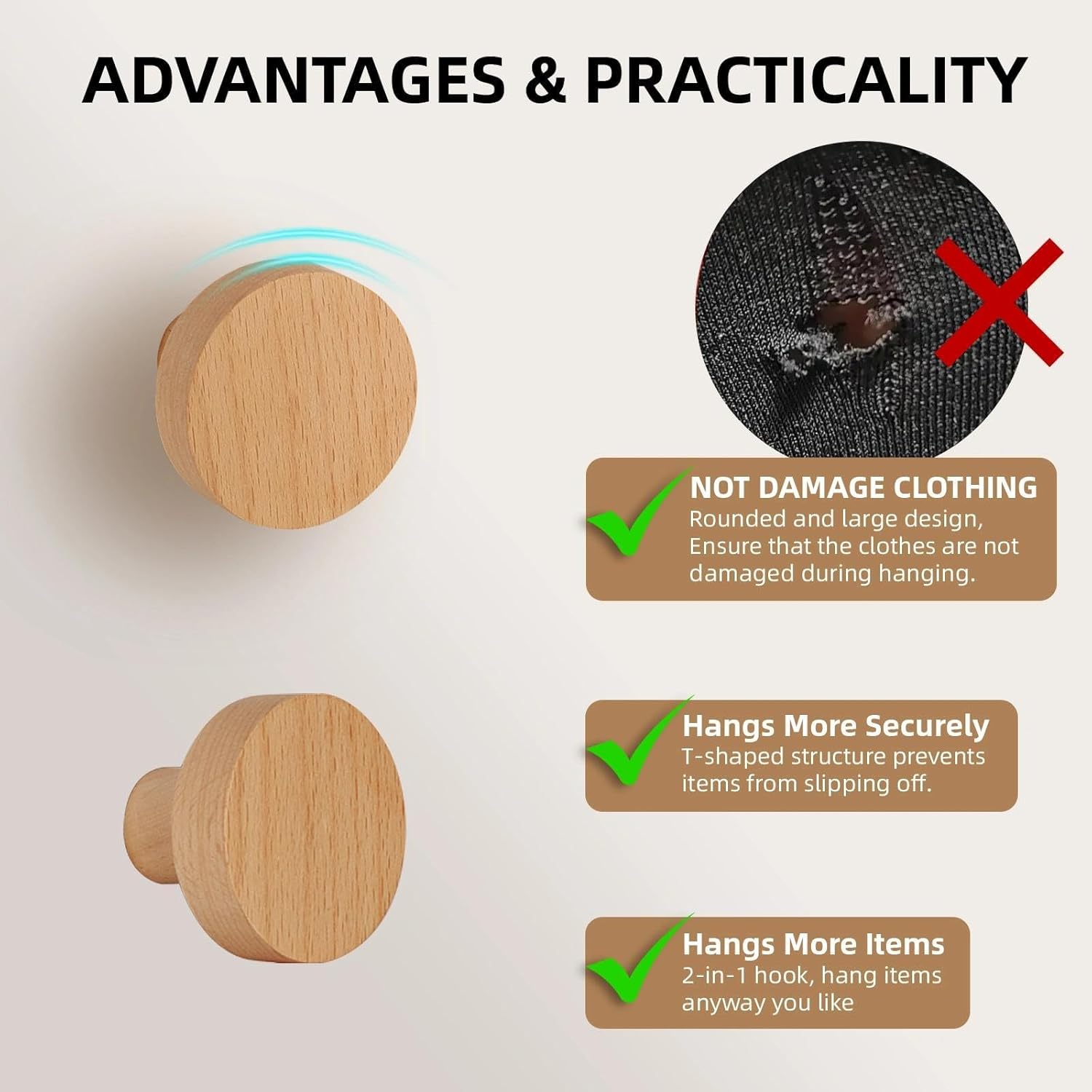 Wood Hooks No Damage Wall Hooks Round Rings Adhesive Hooks Clothes Friendly for Coat Hat / Set of 4
