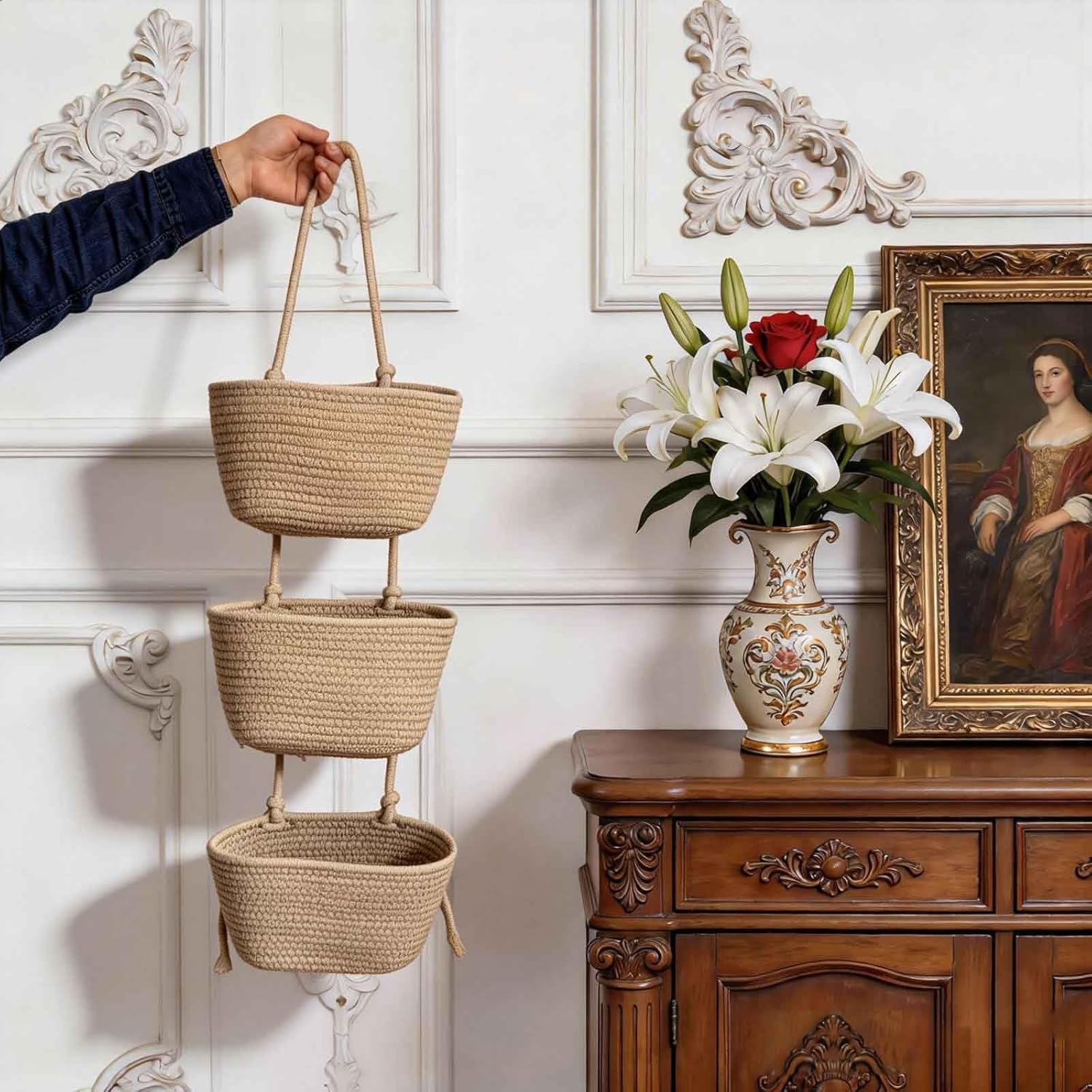 Wall-Mounted Woven Storage Organizer Bag / Jute