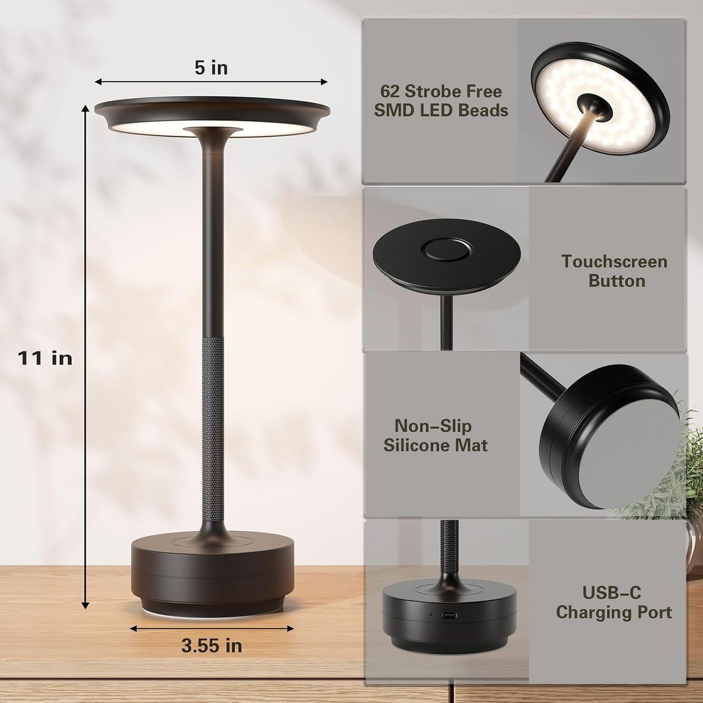 Rechargeable Cordless Table Lamps, Portable Battery Table Light | 5000mAh USB Battery Table Light with Memory