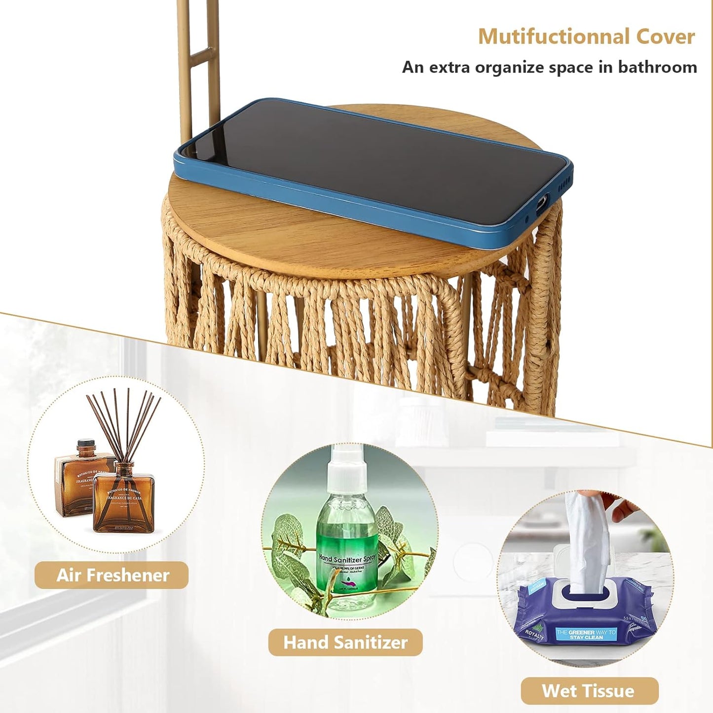Freestanding Toilet Paper Holder with Storage,3 Rolls of Tissue Holder for Bathroom,Handmade Woven Toilet Paper Roll