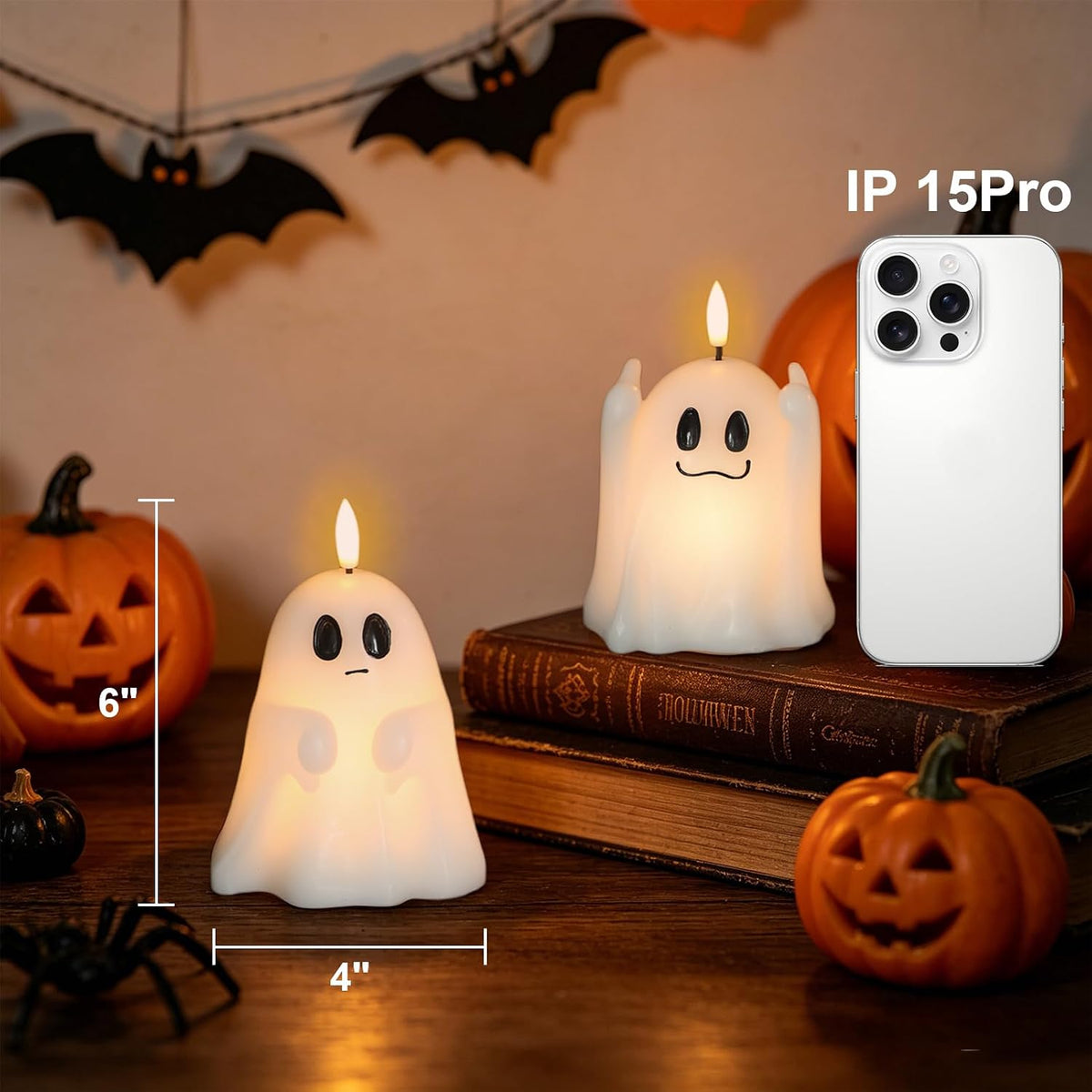 Wondise Spooky Ghost Halloween Flameless Candles with 6hrs Timer | Real Wax Battery Operated Candles 3D Flickering Wick