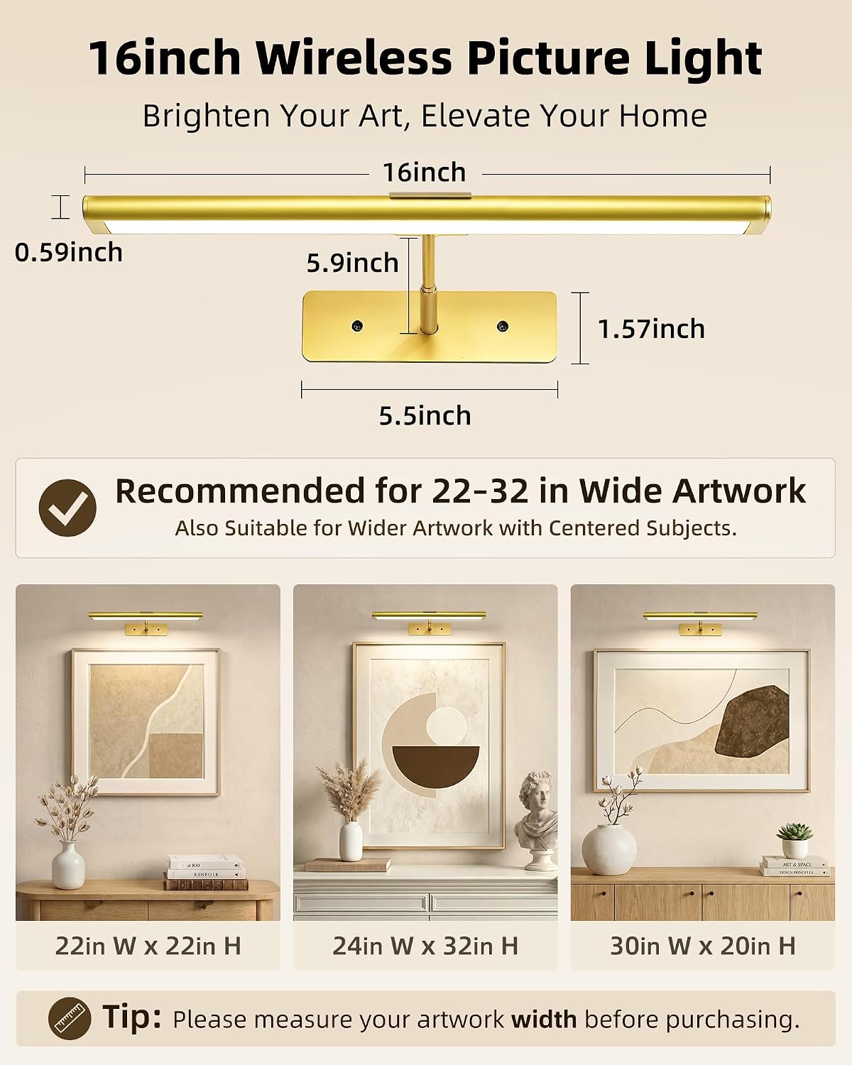 EZVALO Picture Light for Wall, 4800mAh Rechargeable Wireless Lights, 16'' IR Remote Ccontrol Dimmable Magnetic LED Art