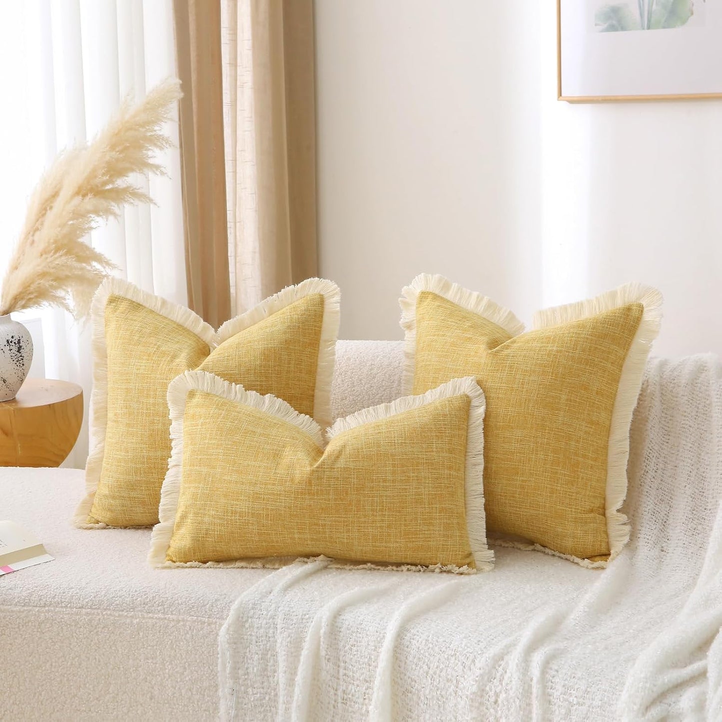 Boho Burlap Decorative Throw Pillow Covers Tassels Rectangle / Mustard Yellow / 20 x 12 / Set of 2
