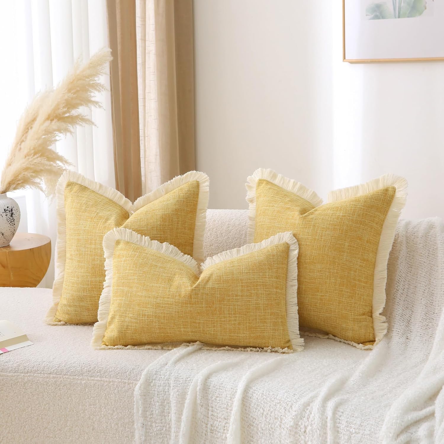 Boho Burlap Decorative Throw Pillow Covers Tassels Rectangle / Mustard Yellow / 20 x 12 / Set of 2