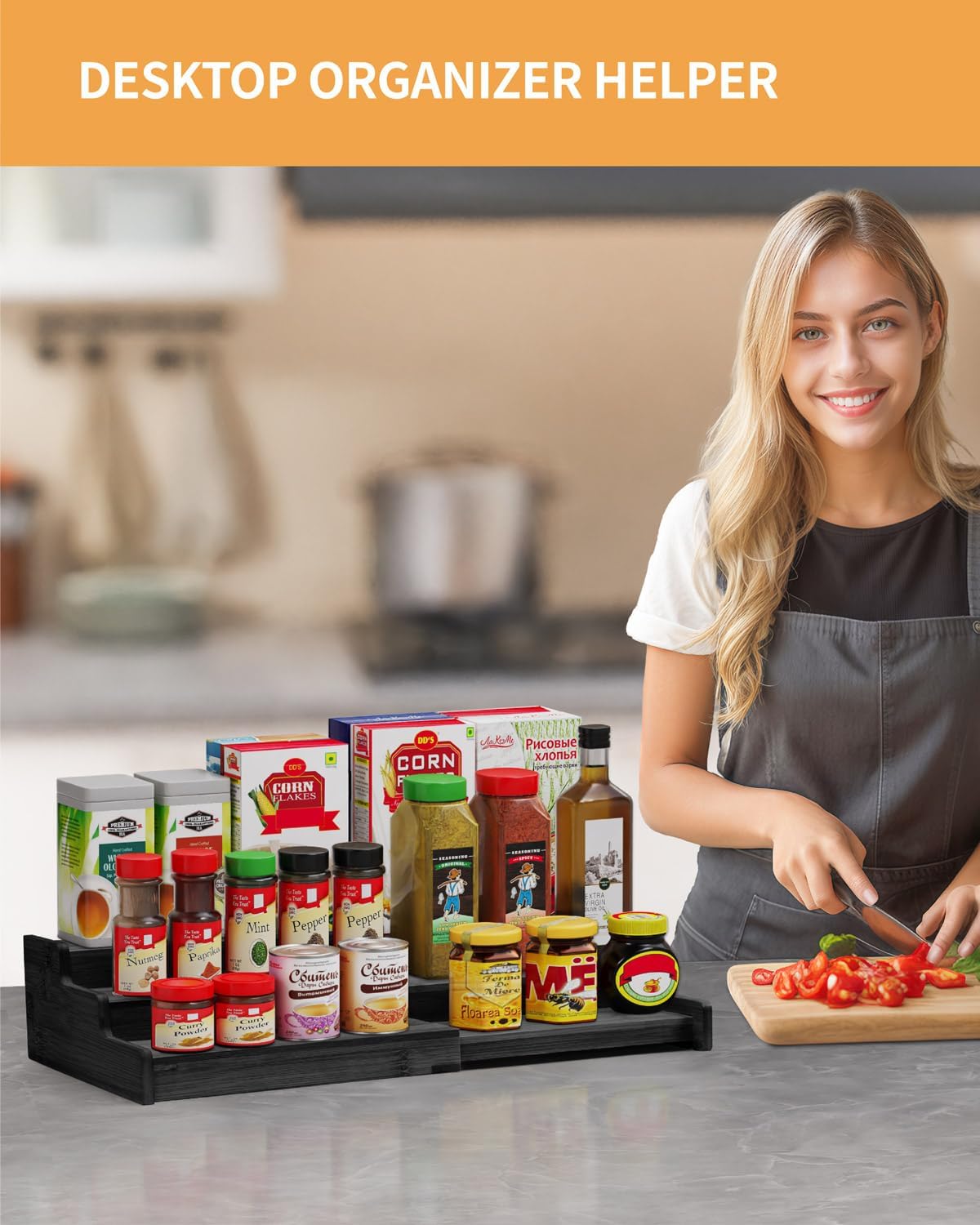 Spice Rack 3-Tier Natural Bamboo, Adjustable Cabinet Organizer Shelf | Expands 8.7-15.6"cabinets. Stepped design