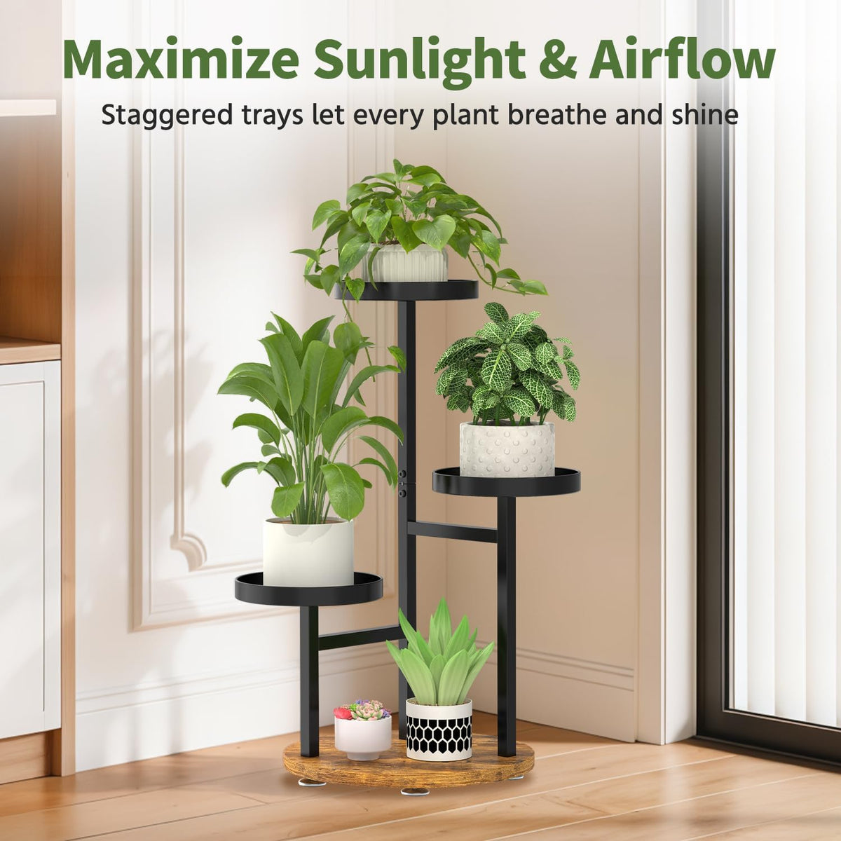 LASZOLA Corner Plant Stand Indoor Flower Shelf Tall, 3 Tiers Metal Black | Heavy Duty Wooden Holder Rack, for Mutiple