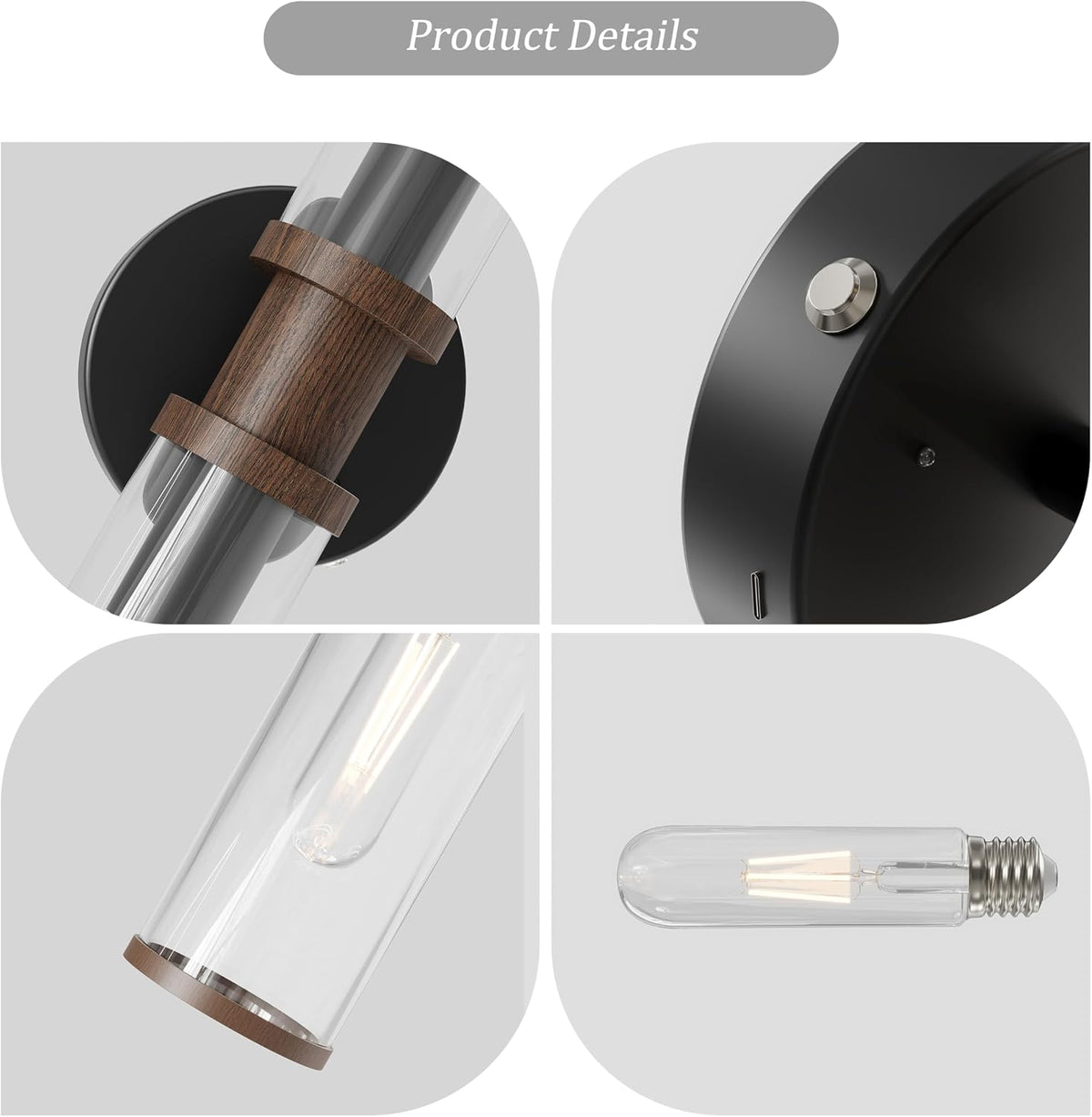 Rayogale Black & Walnut Wireless Battery Operated Wall Sconces with Remote | Glass Rechargeable Wall Lights Set of 2