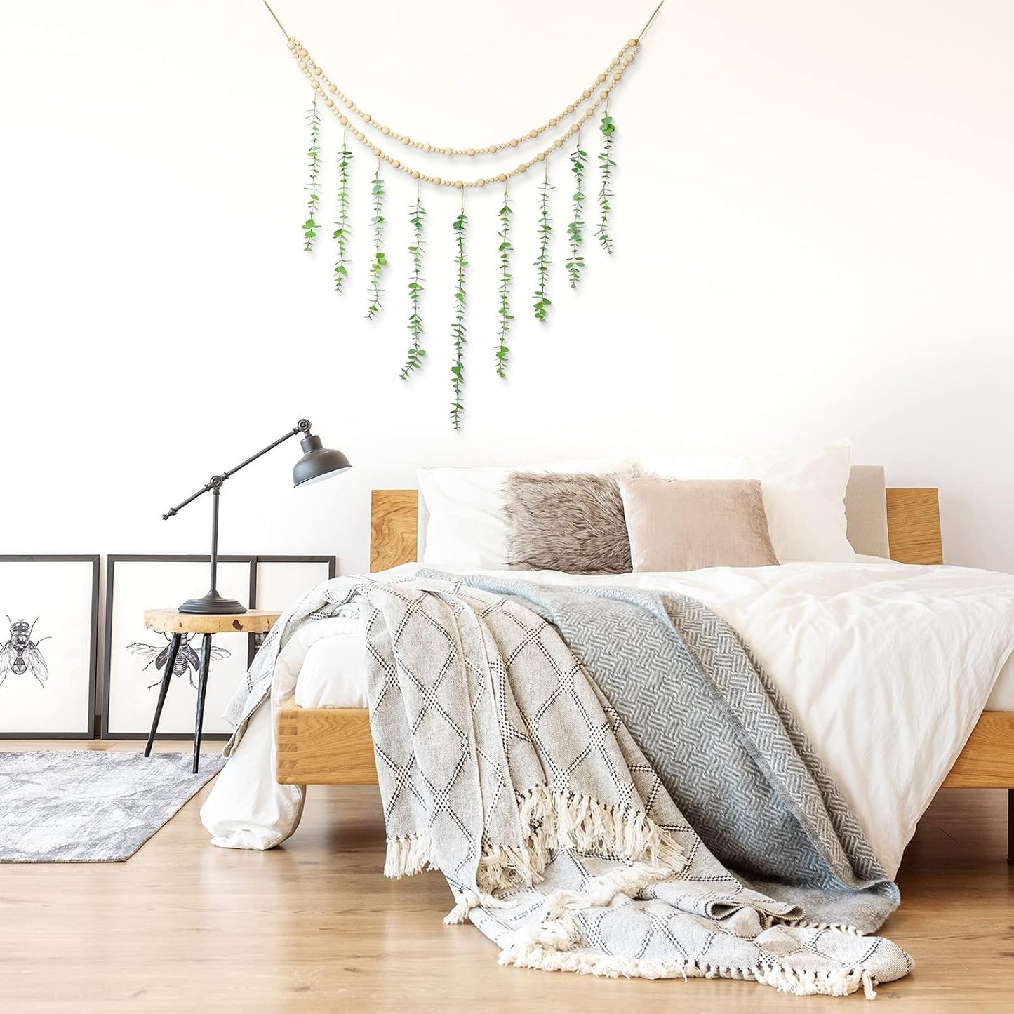 Hanging Eucalyptus Boho Wall Decor Large Boho Bedroom Wall Hanging Wooden Bead Garland / Natural