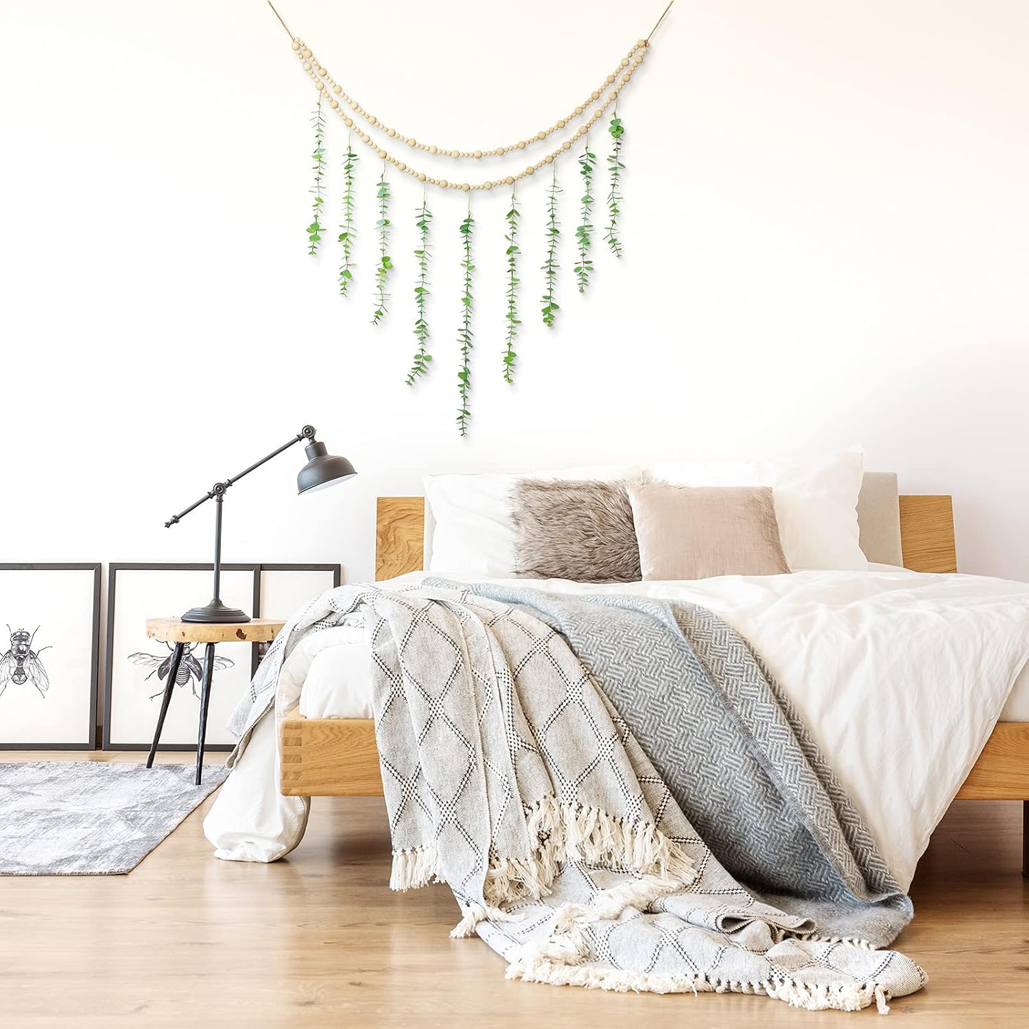 Hanging Eucalyptus Boho Wall Decor Large Boho Bedroom Wall Hanging Wooden Bead Garland / Natural