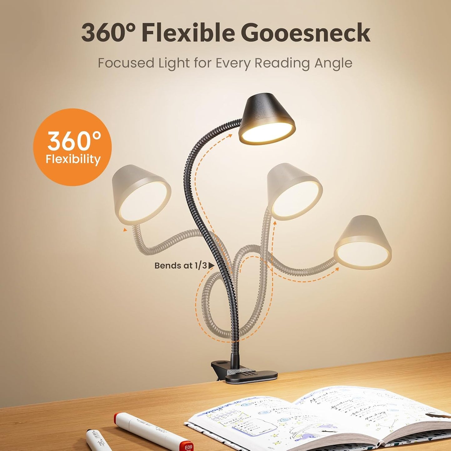 LEPOWER Clip on Light, Reading Lights for Books in Bed, 400LM, RG0 Eye-Care | 5 Colors & Stepless Dimming, Amber Glow