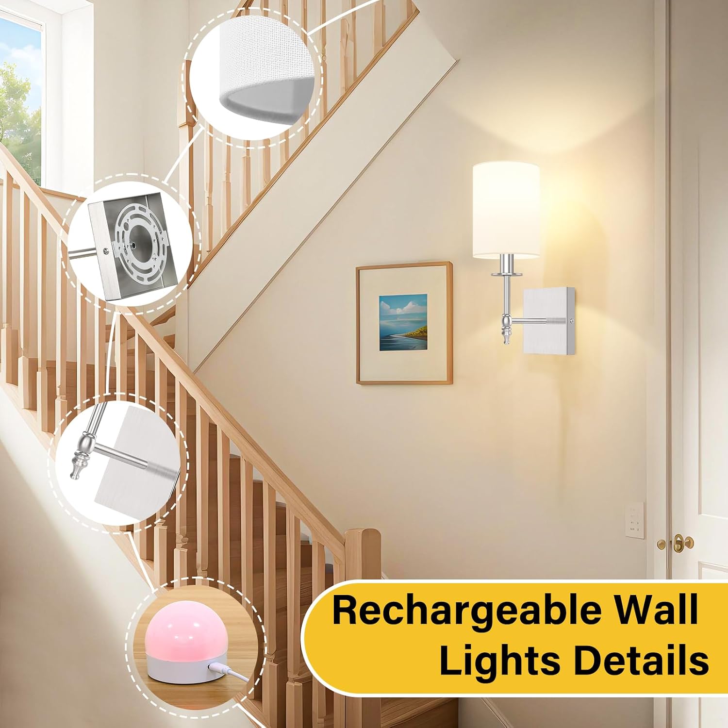 14 Inch Battery Operated Wall Sconces Set of 2 with Remote, Brushed Nickel Rechargeable Wireless Wall Lights with White
