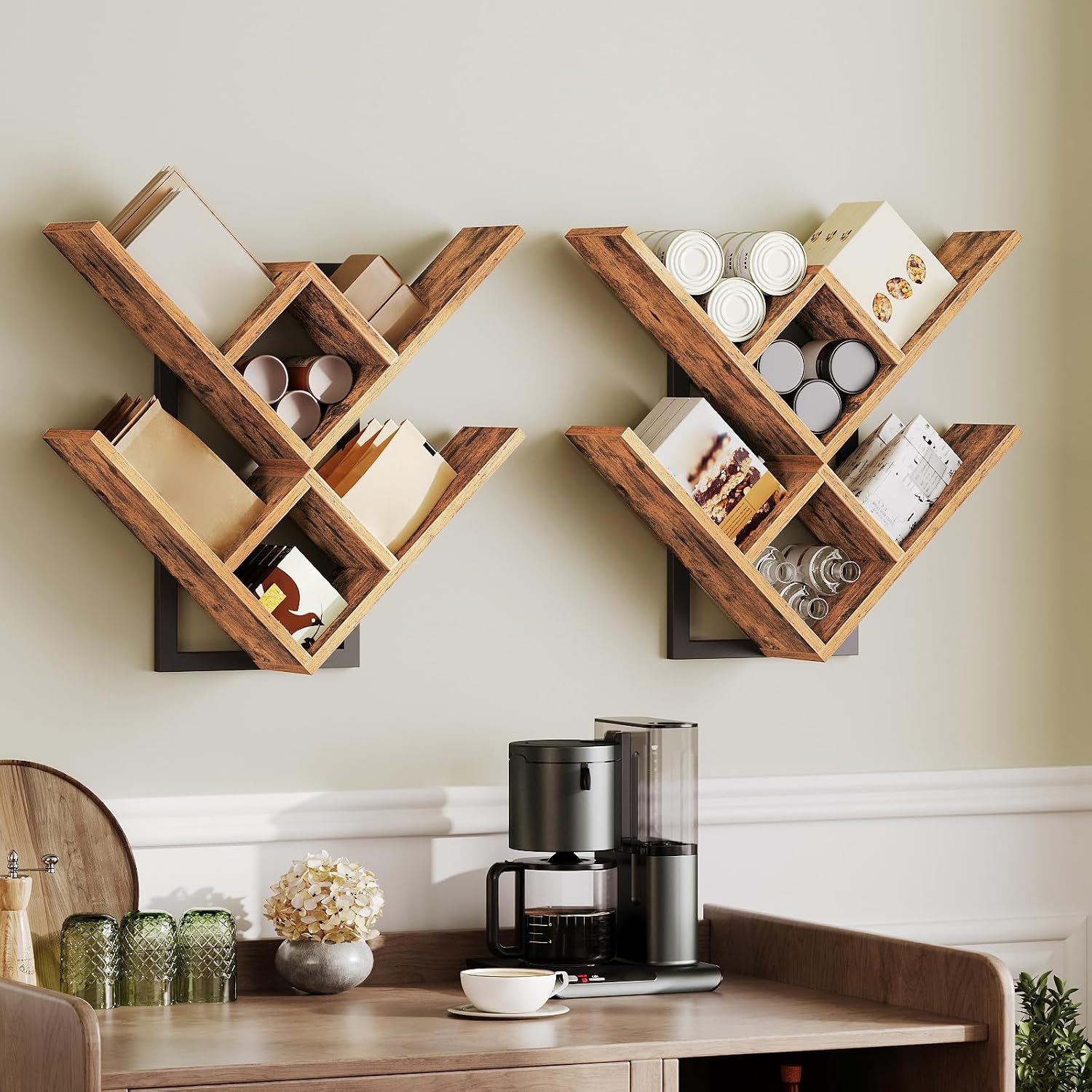 HOOBRO Floating Shelves for Wall, Set of 2 Wall Mounted Shelves, 2-Tier Wooden Tree Bookshelf, Hanging Shelves Storage