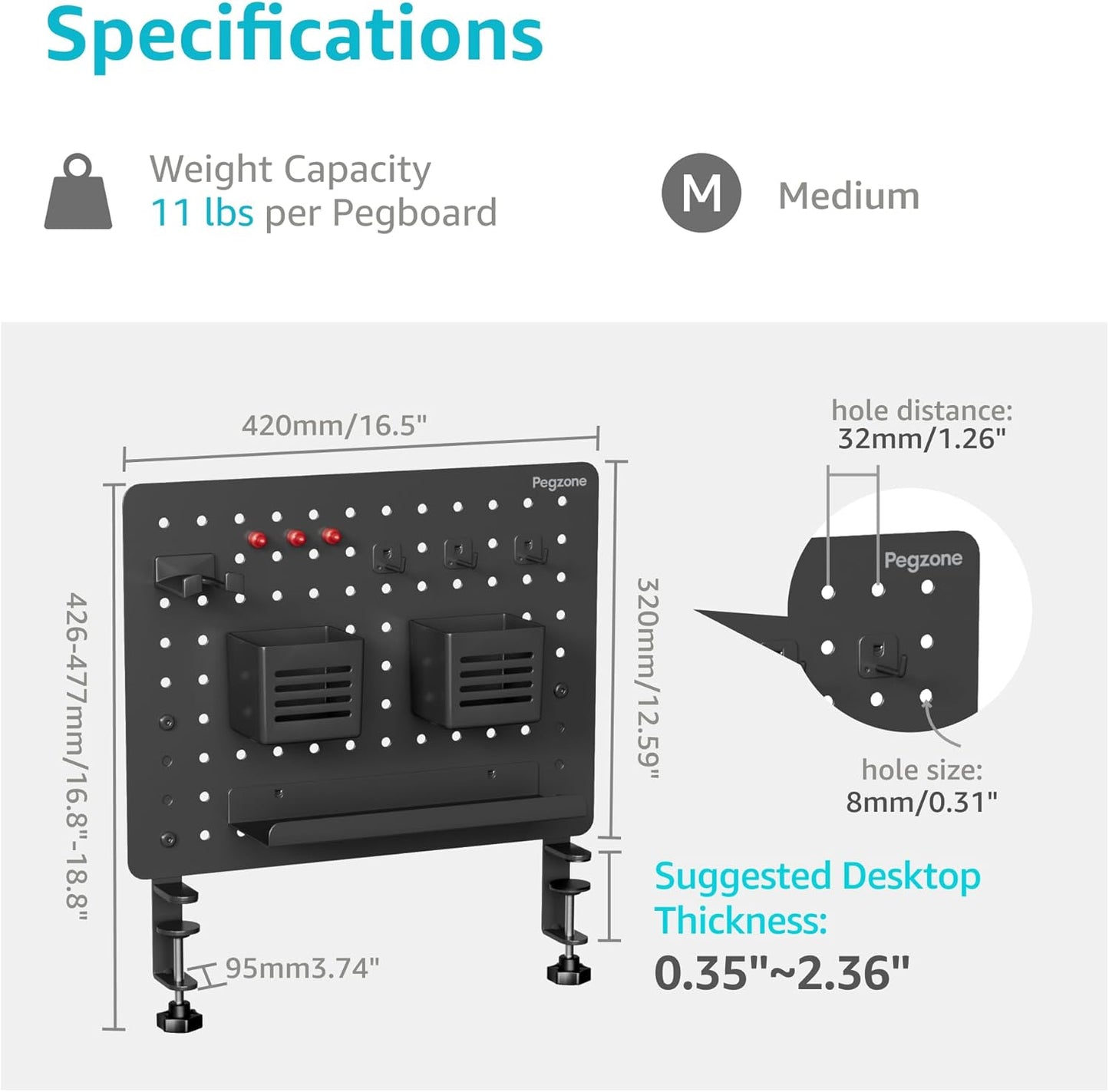 Clamp on Desk Pegboard, 16.5" x 12.6", with 10 Accessories, Black | Magnetic Metal Peg Board, Desk Organizer for Office