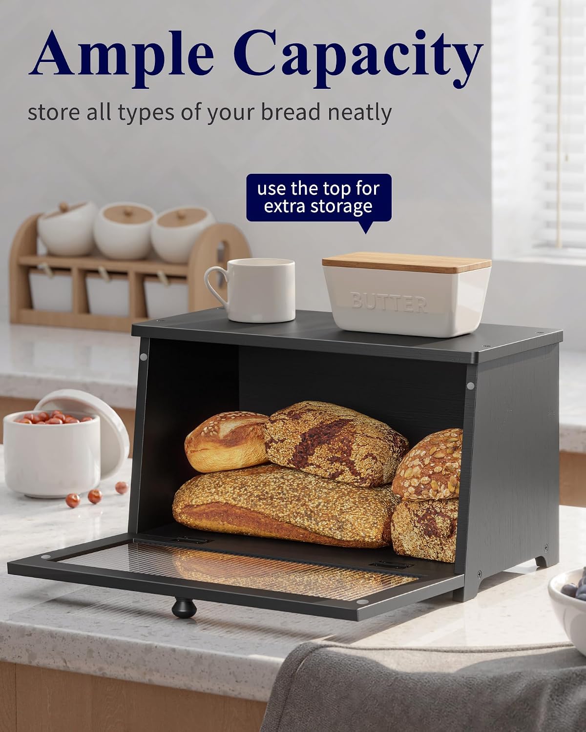 Kitsure Wooden Bread Box for Kitchen Countertop, 1-Tier, Black | Large Capacity Kitchen Countertop Organizer, Stylish
