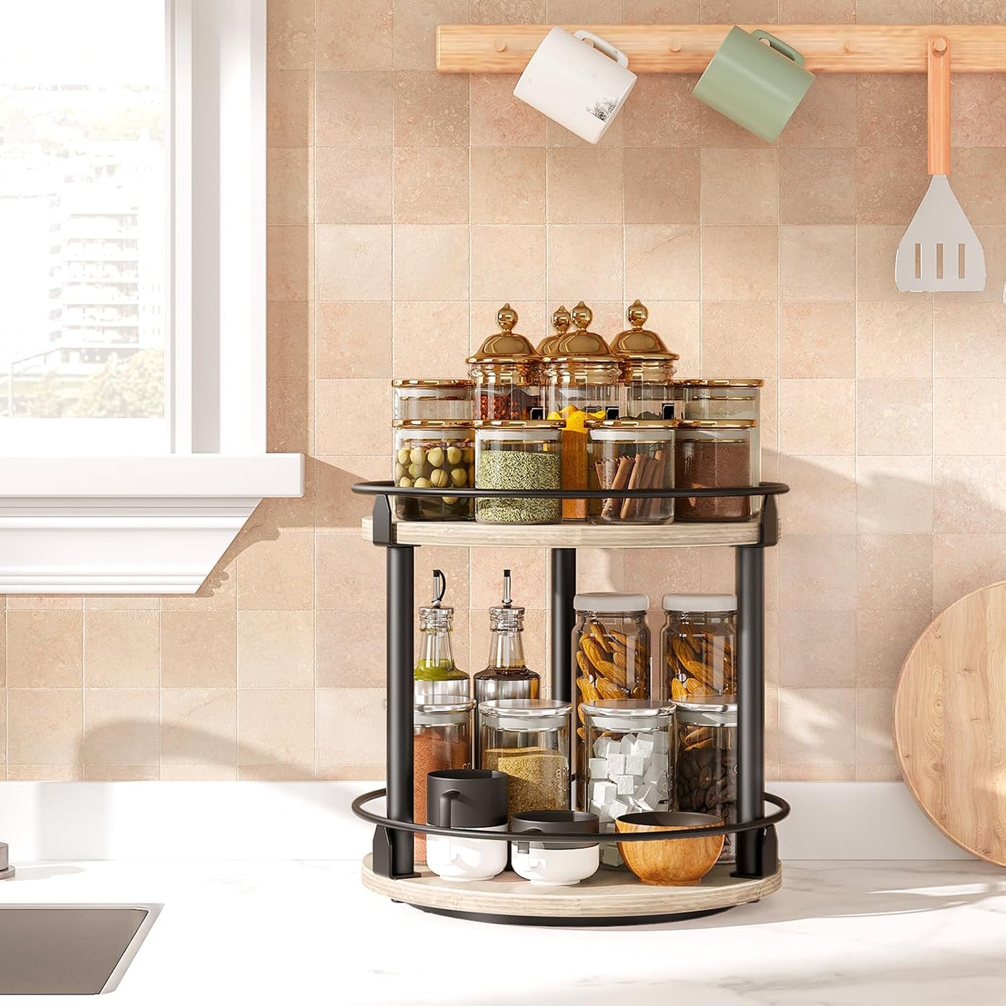 Lazy Susan Organizer, Rotating Spice Rack, 2 Tier Spice Turntable Organizer, Industrial Turntable Spice Holder, for