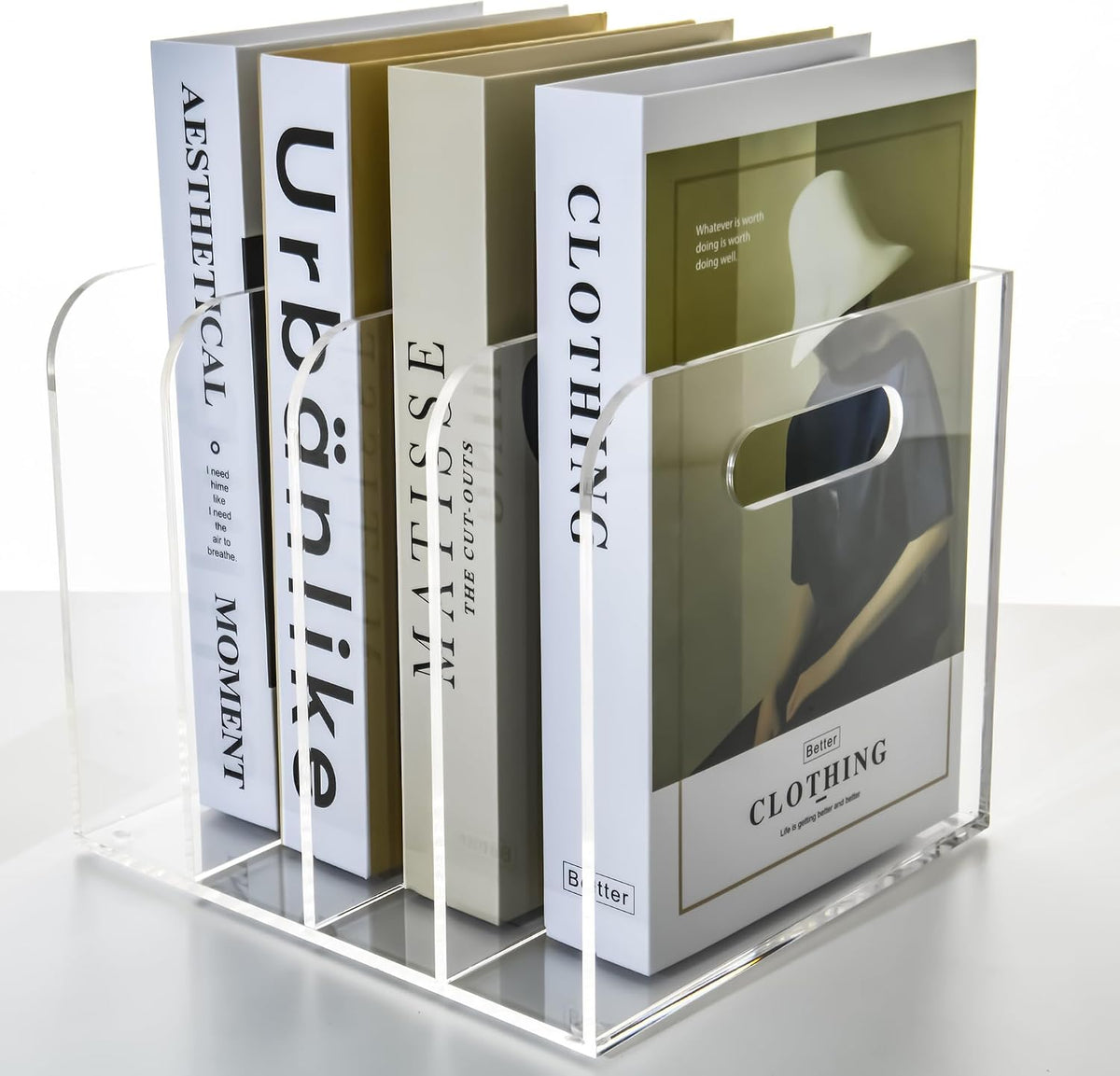 Acrylic File Holder for Desk - 4 Slot Vertical Magazine Organizer & Bookend - Clear Document Sorter Rack for Folders