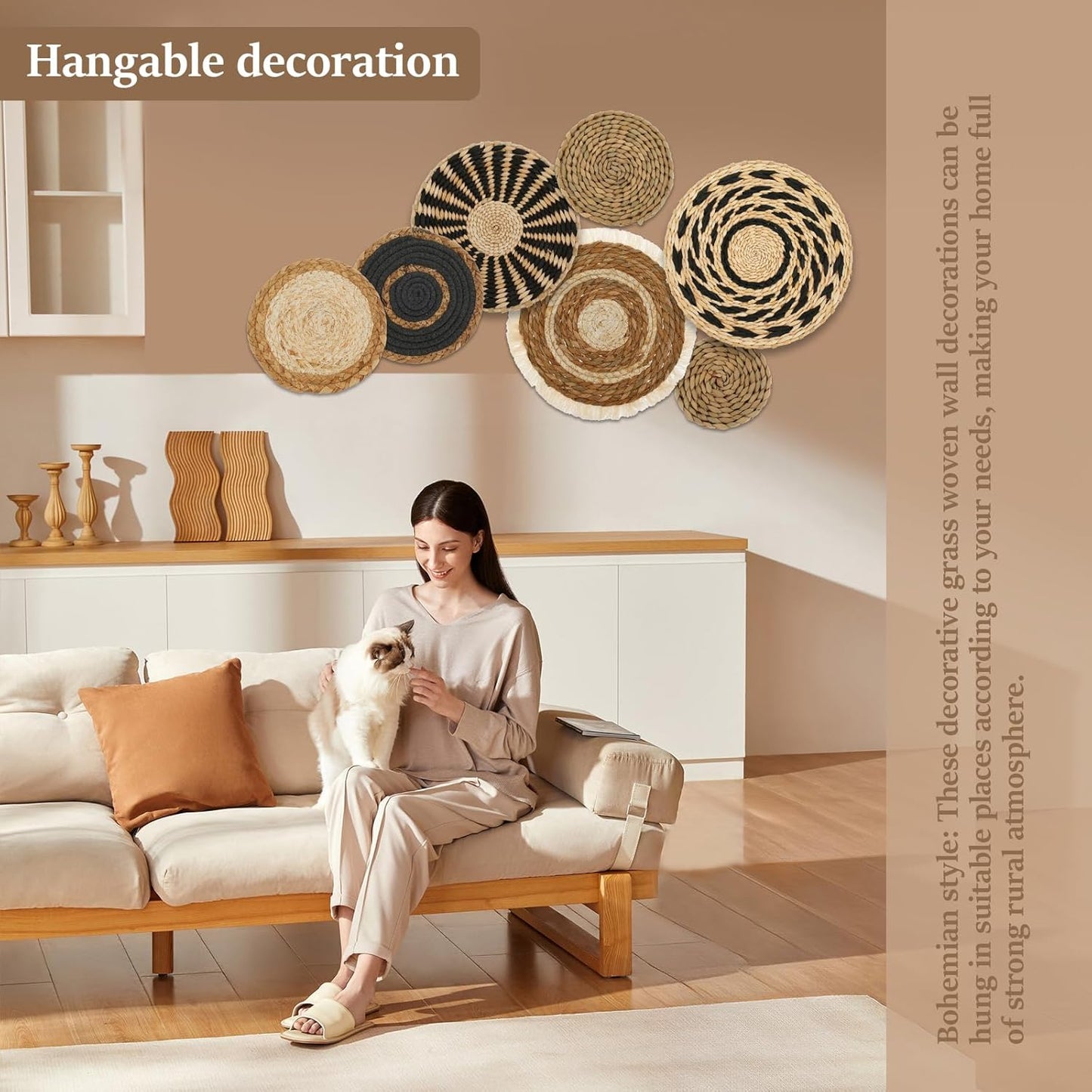 Boho Wall Basket Set Hanging Woven Wall Basket Decor Rattan Flat Round Wicker / Style 1 / Set of 7