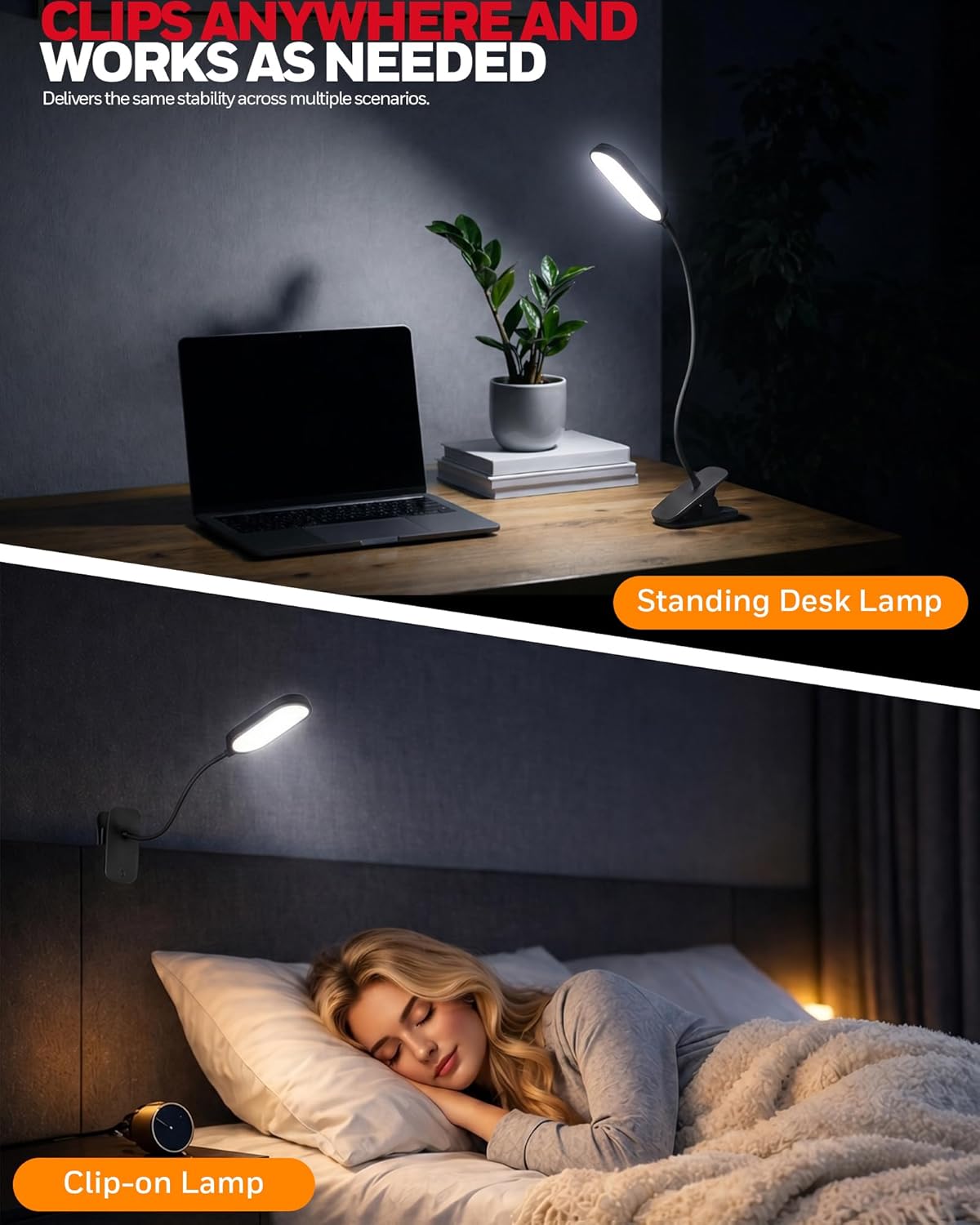Honeywell Clip On Reading Light, Rechargeable Gooseneck CRI95 4000K Dimming | 2000mAh Battery,Touch Desk Lamp White