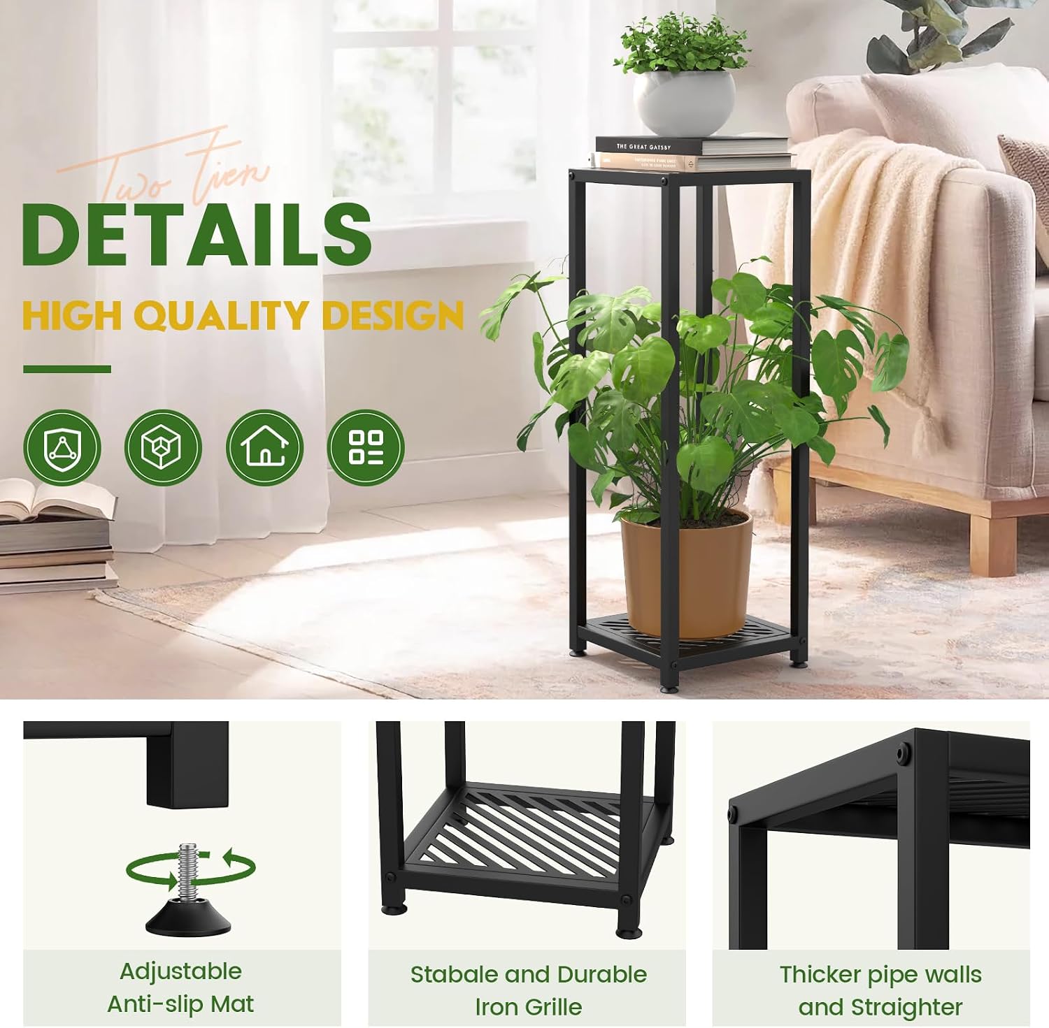 TOSKING 2-Tier Tall Plant Stand Indoor, 30-Inch Modern Metal Shelf, Black | Heavy-Duty Design, Corner Flower Shelf