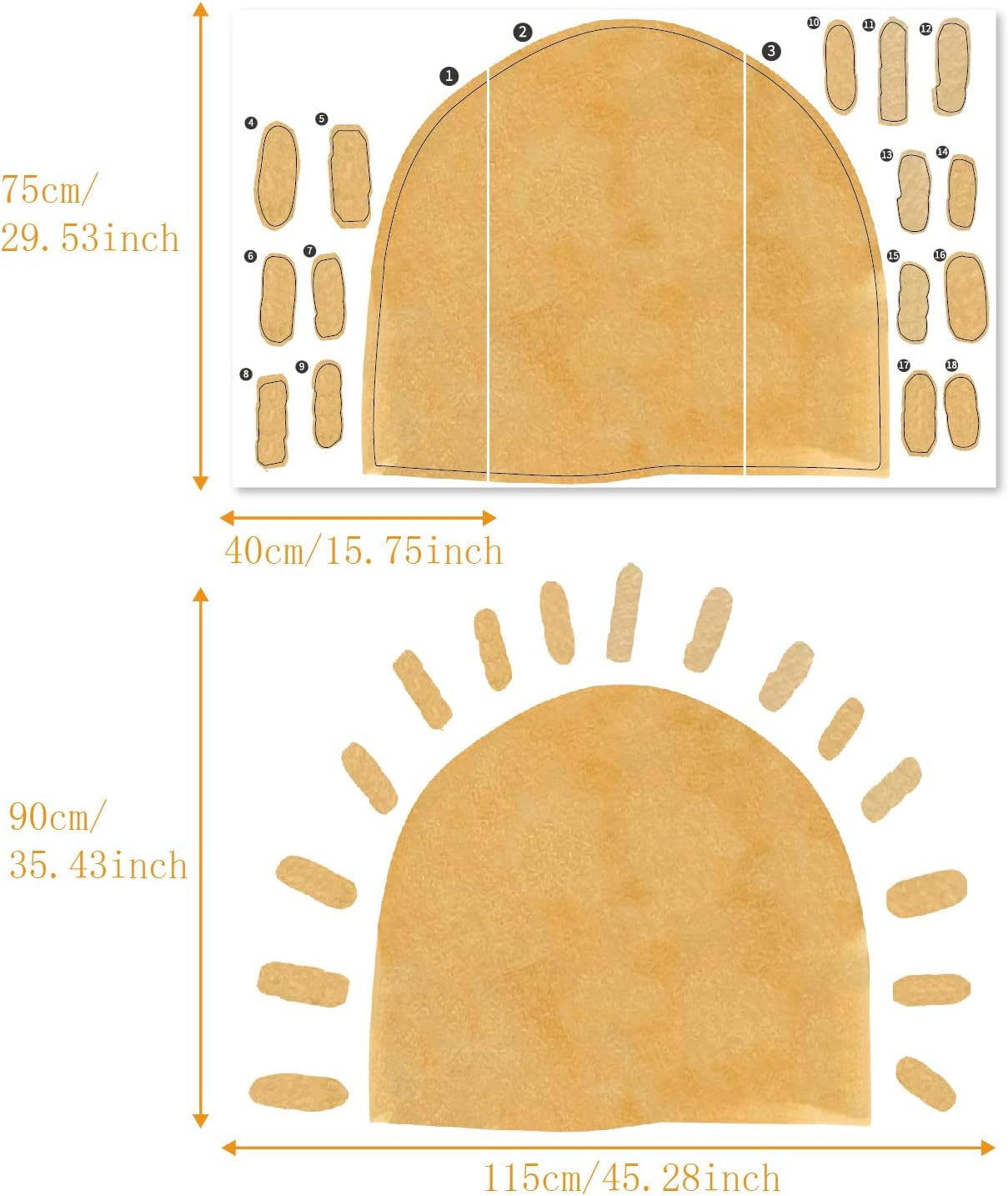 Large Fabric Watercolor Boho Half Sun Wall Decals Peel and Stick / 45.28 x 35.43 / Boho Half Sun L