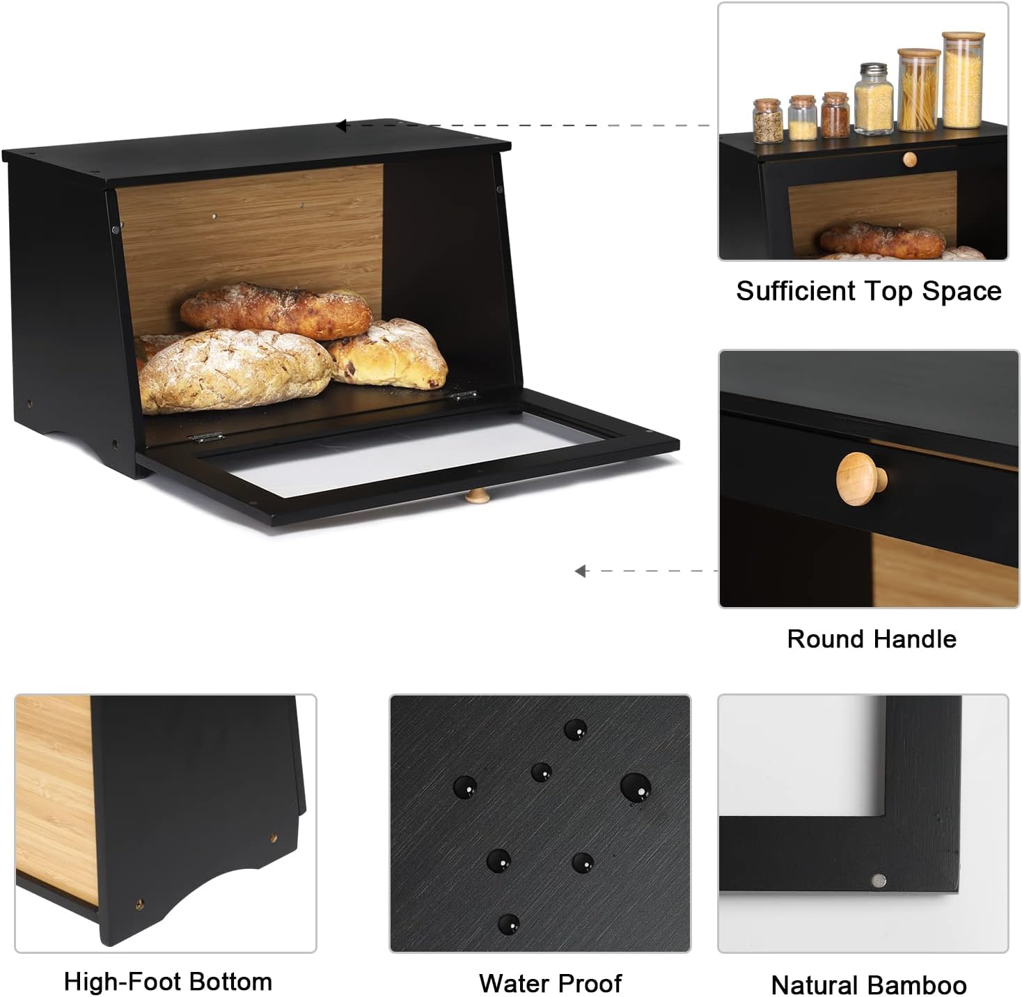 HOMEKOKO Wooden Bread Box for Kitchen Countertop, Single Layer, Black | Bamboo, Large Capacity, Bread Food Storage Bin