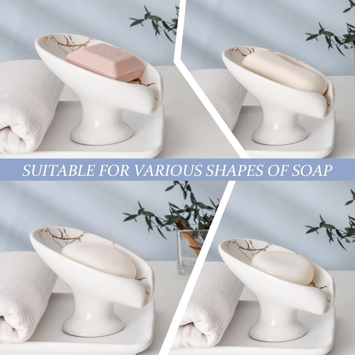 Self Draining Bar Soap Holder / Marble White / Set of 2