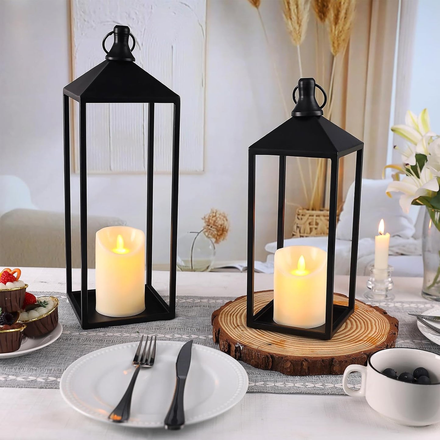 Lanterns Decorative Outdoor Indoor, 17" 13" Set of 2 Black Candle Lanterns | No Glass Metal Outdoor Lantern for Porch