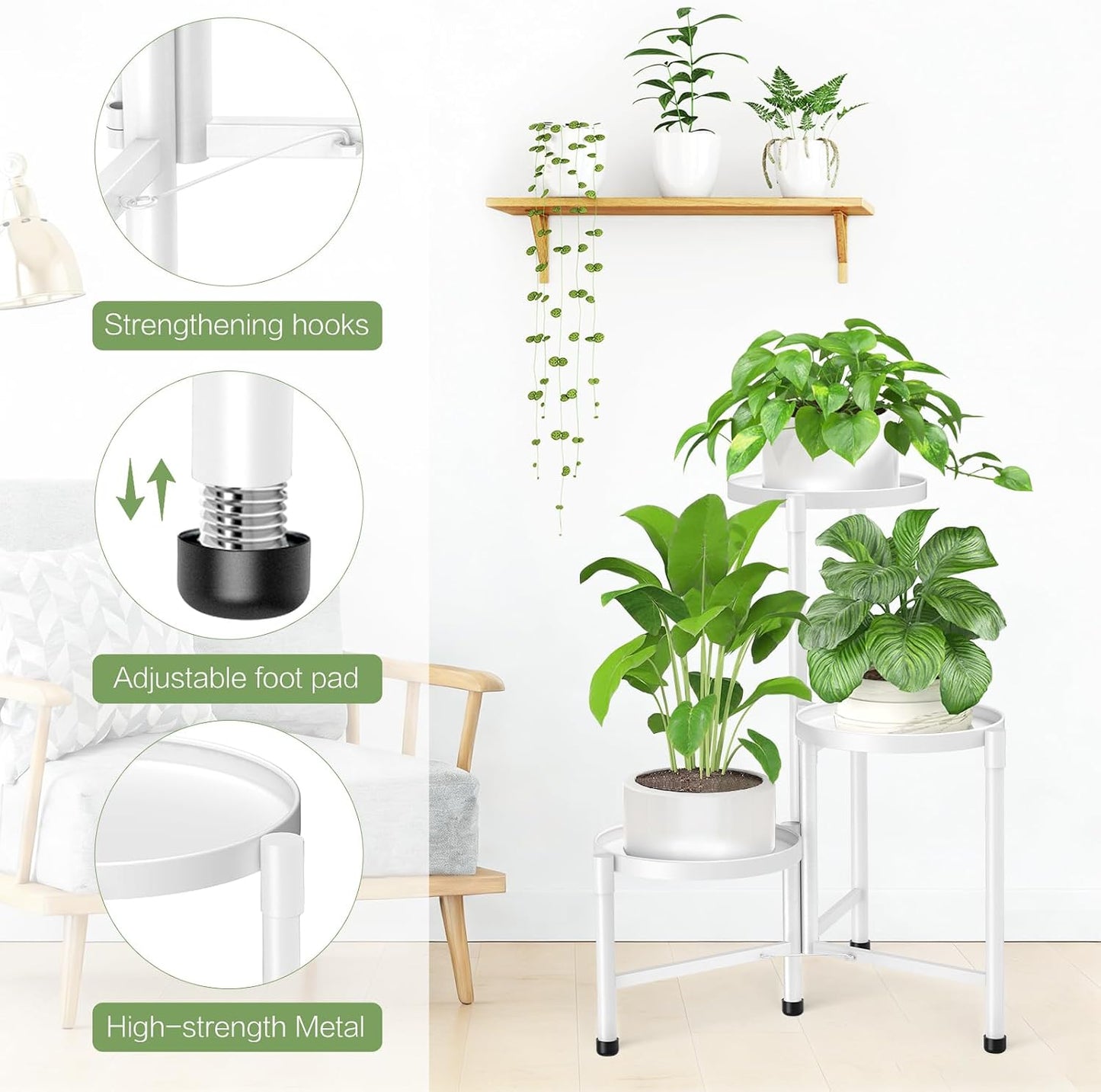3 Tier Metal Corner Plant Stand Indoor Outdoor, 10 Inch Wide Tray, White | 30 In Tall Foldable Iron Flower Pot Holder