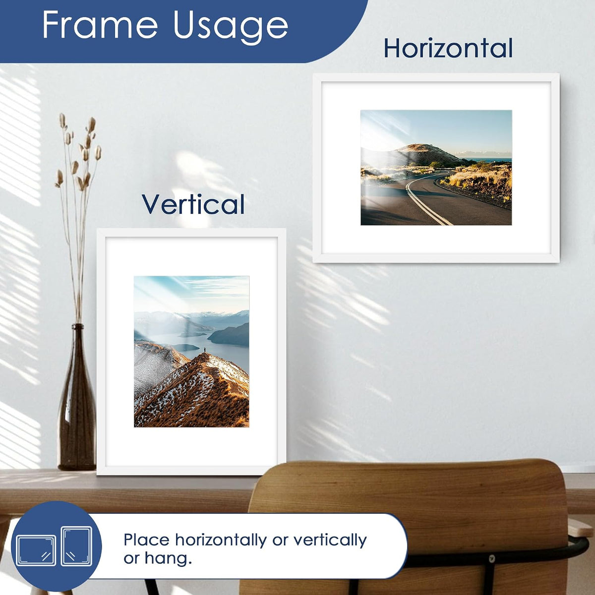12x16 Picture Frame Set of 6, Wall Mount Display, White | Display Pictures 8.5x11 with Mat or 12x16 Without Mat