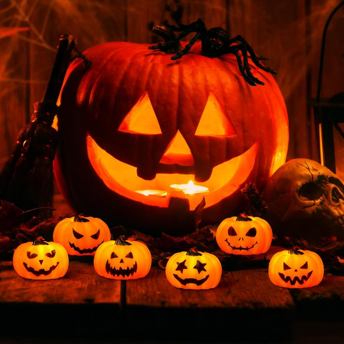 Wondise 6Pack Halloween Pumpkin Tea Lights with Remote and Timer | Battery Operated LED Orange Jack-O-Lantern Candles