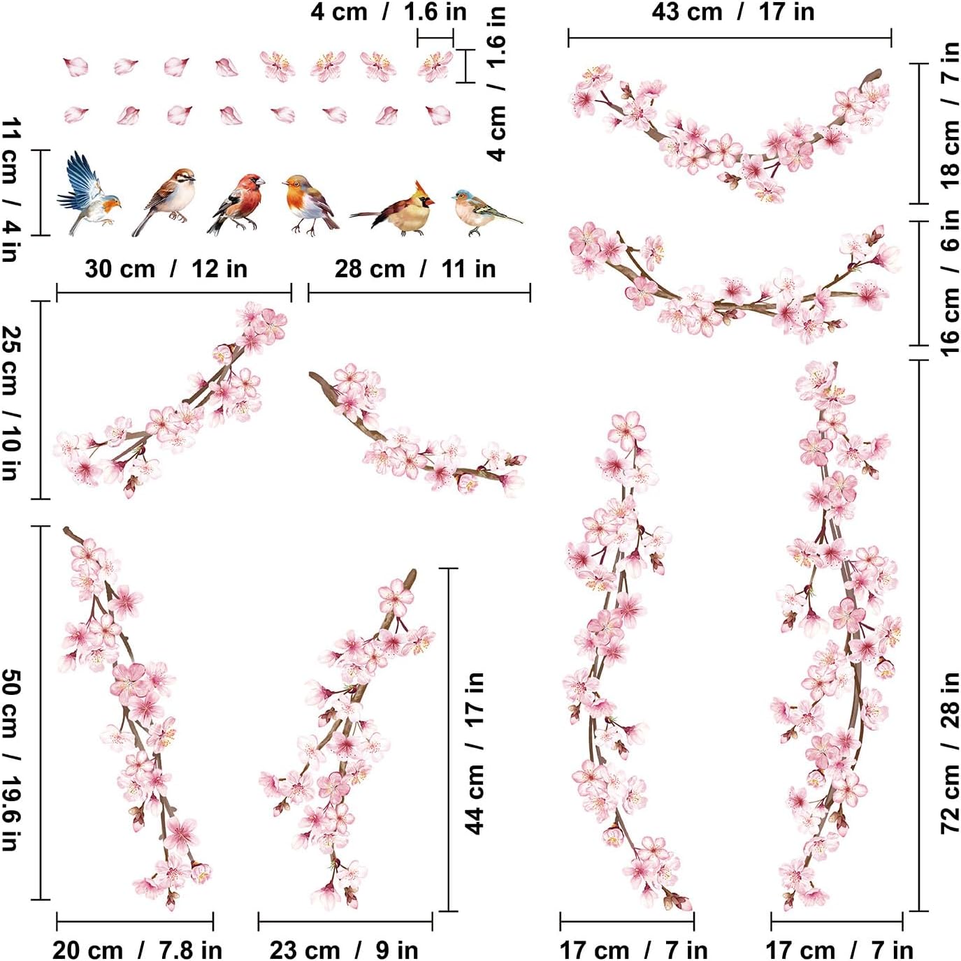 Vine Flowers / Cherry Blossom Wall Decals / Pink
