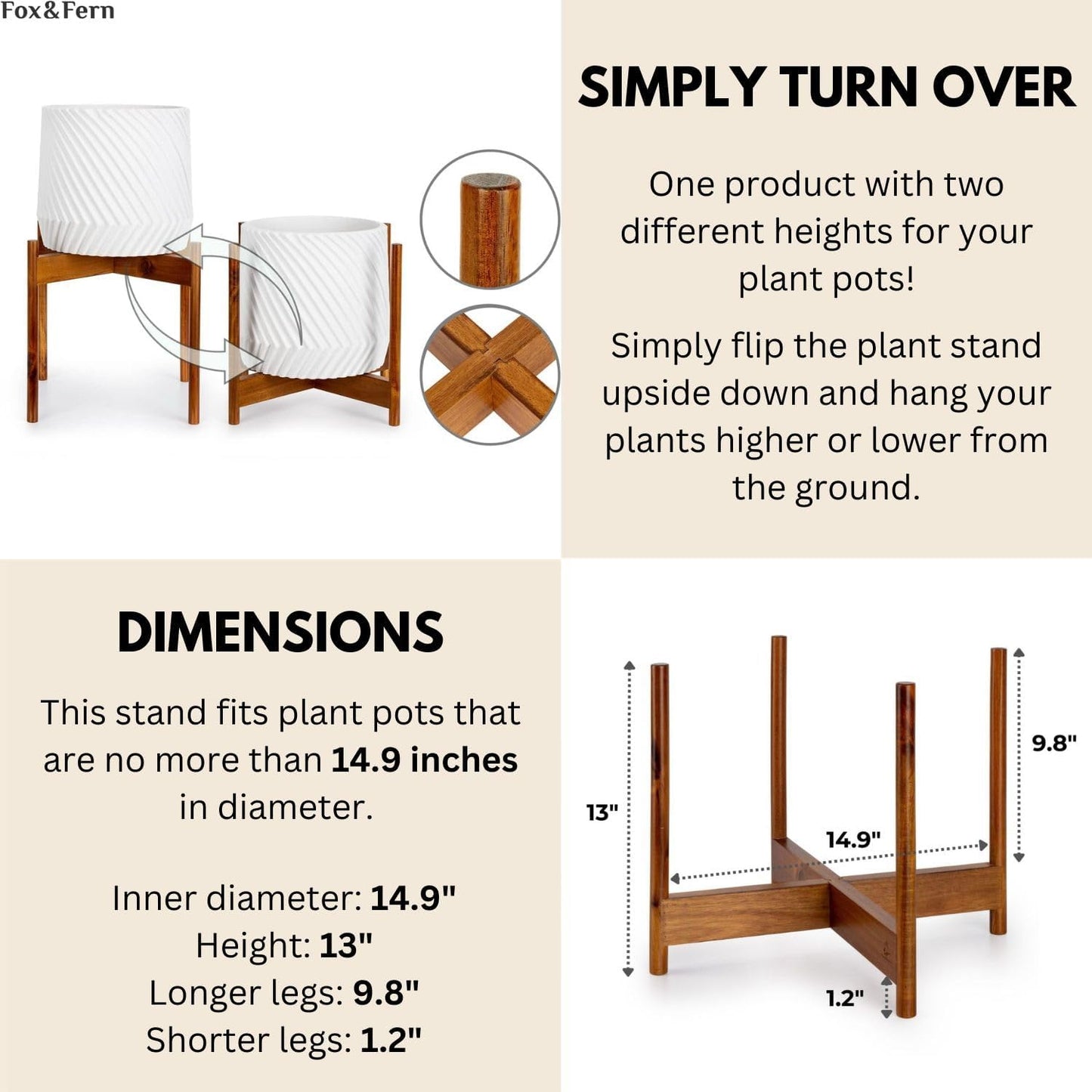 Fox & Fern Mid Century Plant Stands for Indoor Planters, Acacia, 14.9 Inch | Plug In Design, Holds 200 lbs, Two High