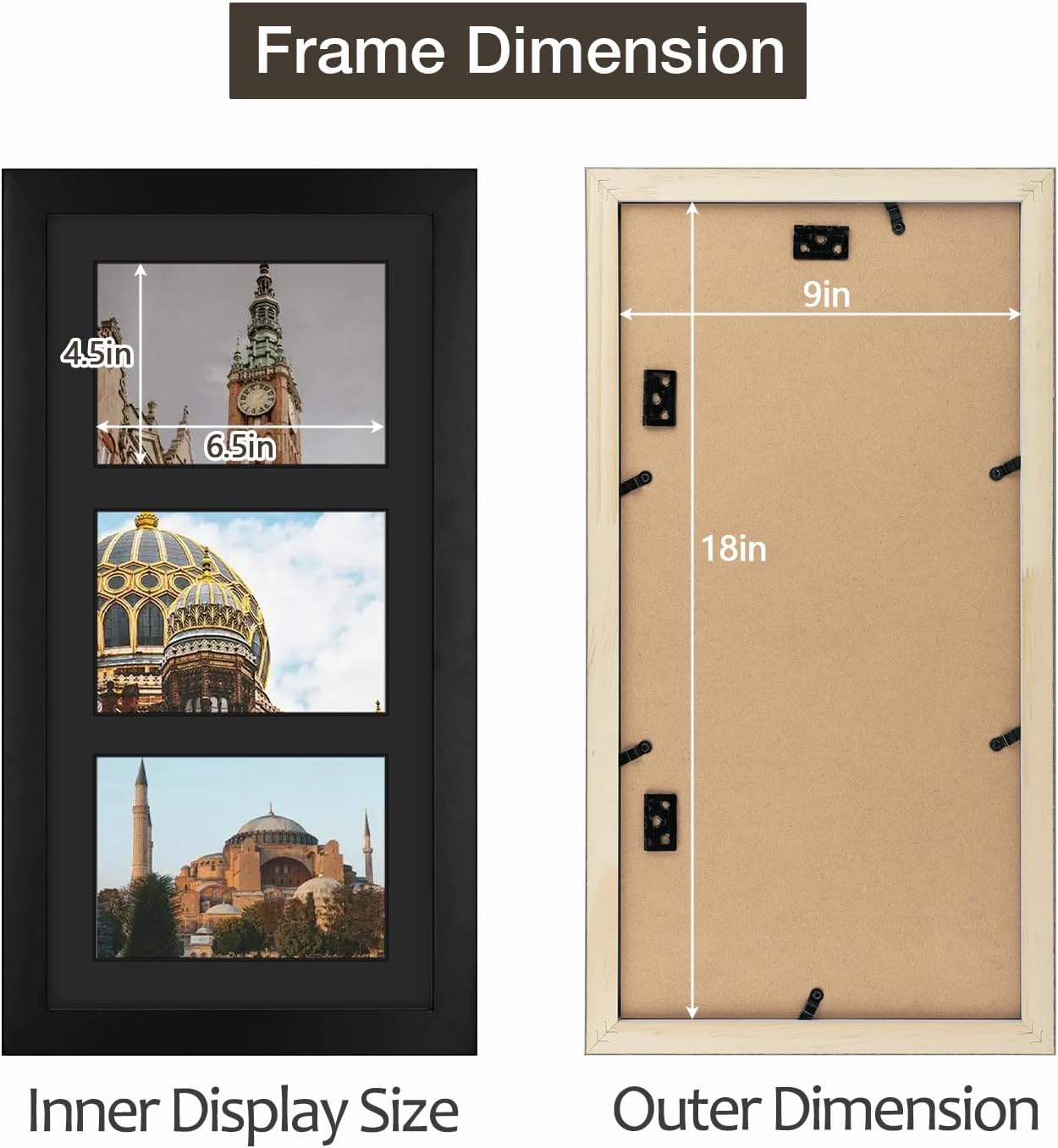 Golden State Art 9x18 Black Wood Frame - for Three 5x7 Pictures, 3 Pack | Black Mat,Matted to 3 5x7 Picture,Solid Wood