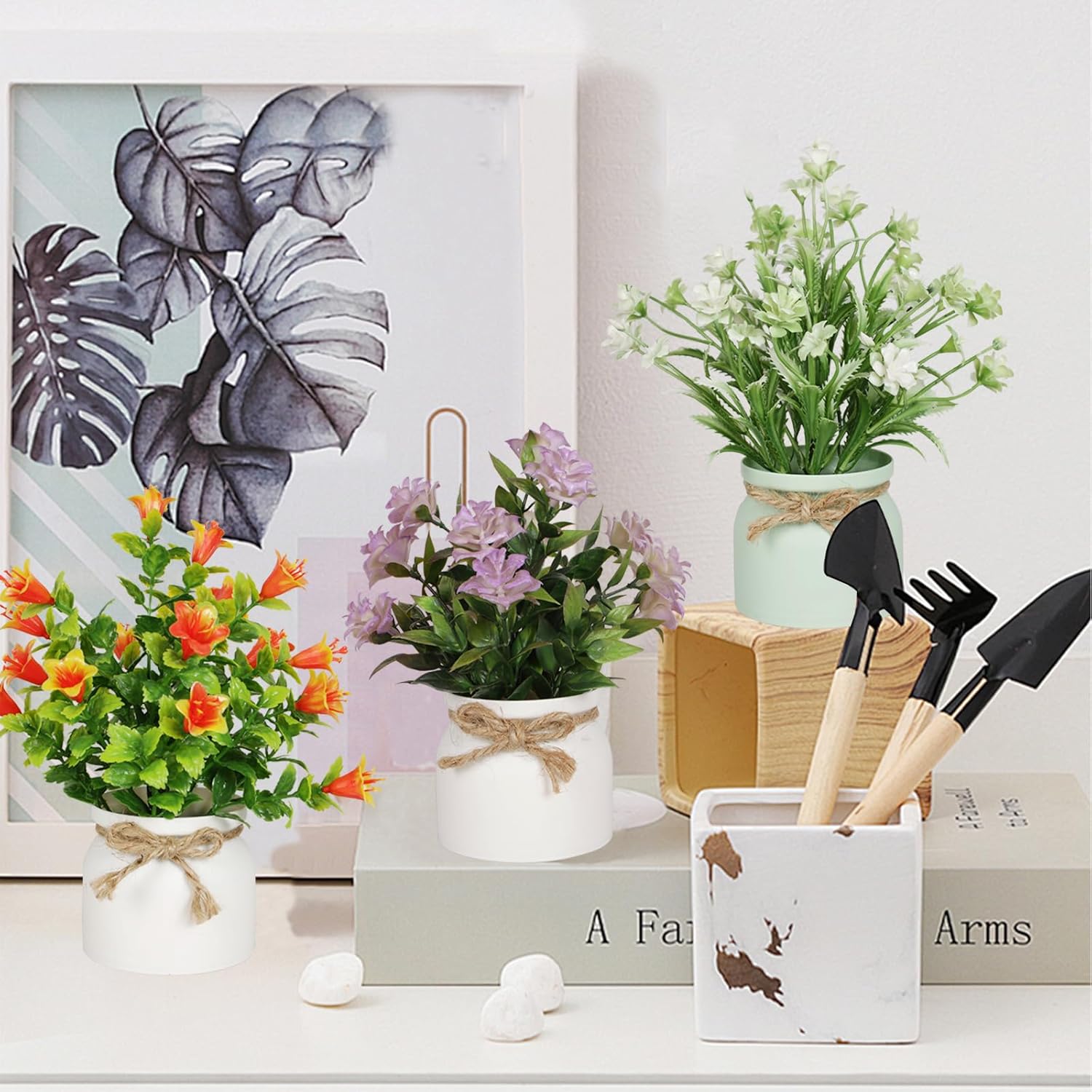 Artificial Pot Flowers Small Fake Plants Mini Potted Plants / Set of 6
