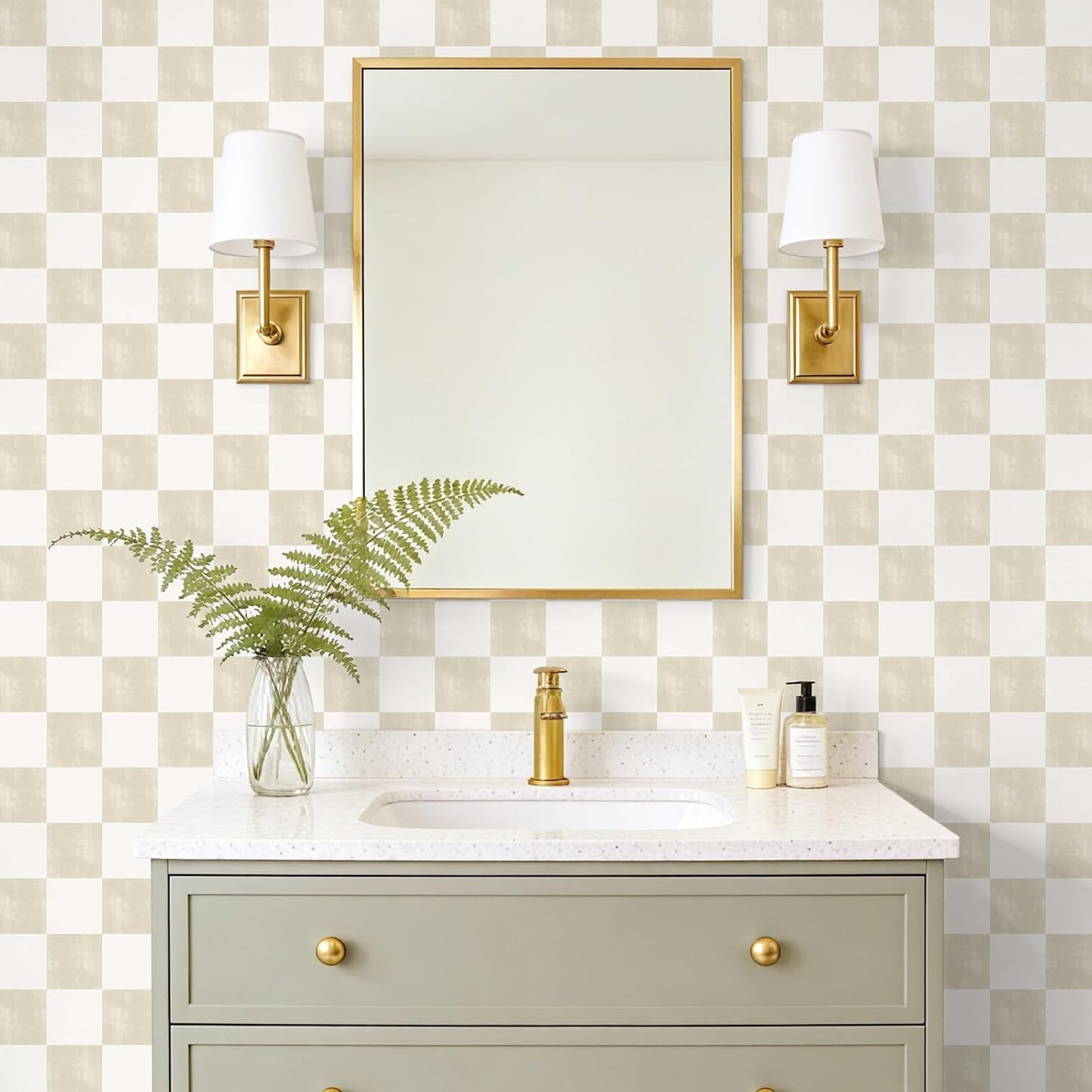 Neutral Beige Checkered Peel and Stick Wallpaper Cream Checkerboard / 17.7 x 118 / Cream Beige