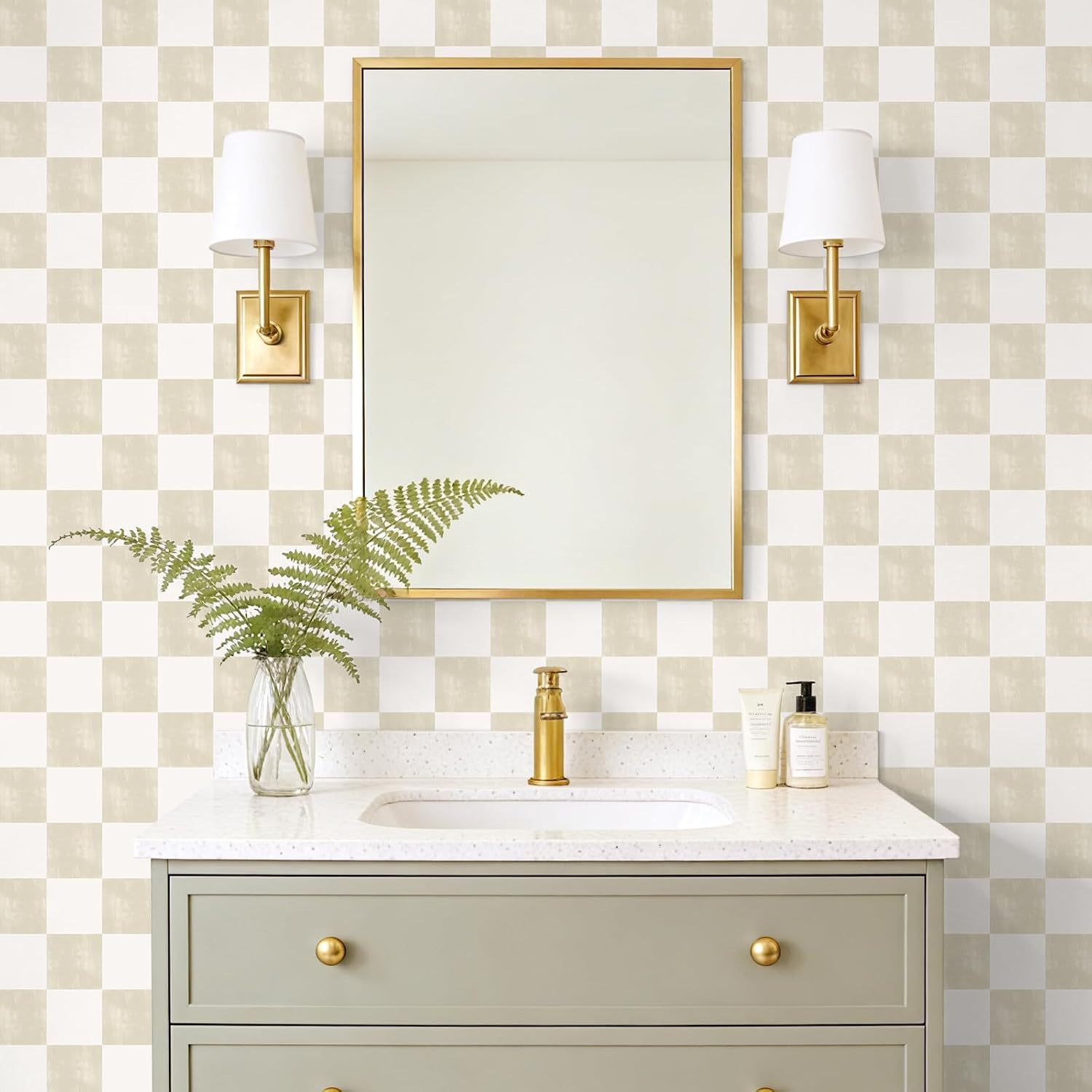 Neutral Beige Checkered Peel and Stick Wallpaper Cream Checkerboard / 17.7 x 118 / Cream Beige