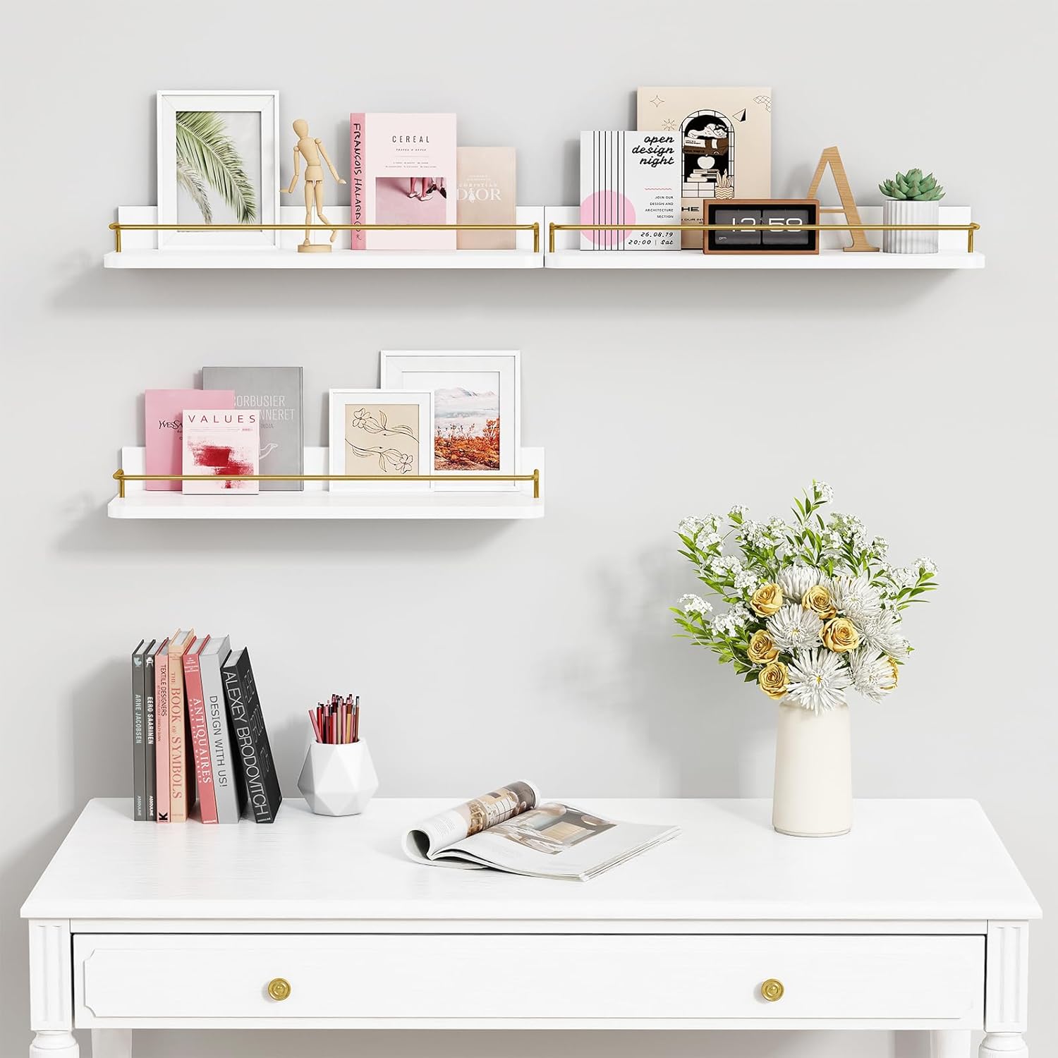 Forbena Gold Floating Shelves for Wall Decor Set of 3, Bathroom Shelves Over Toilet, Modern Display Wall Shelf with