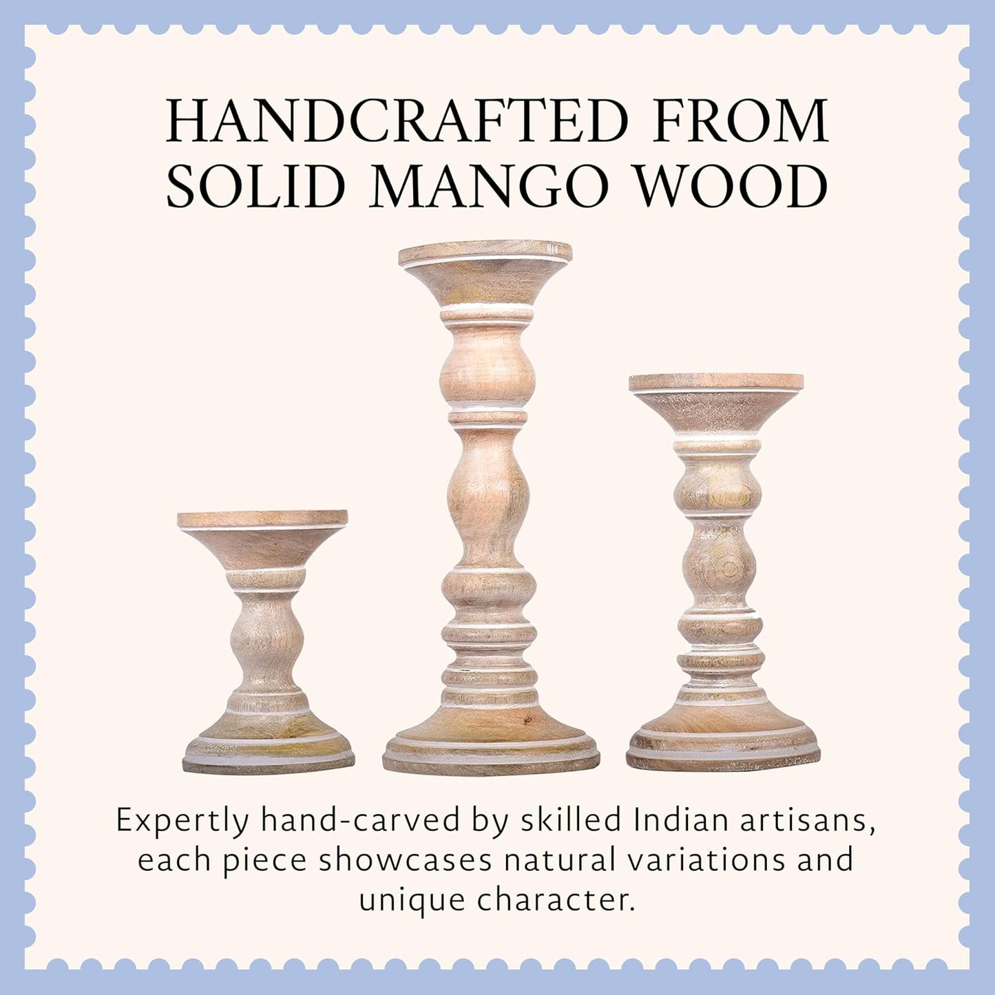 Mango Wood Candle Holders - Whitewash Finish, Set of 3 | Hand-carved decorative pillar stands curated to accent cozy