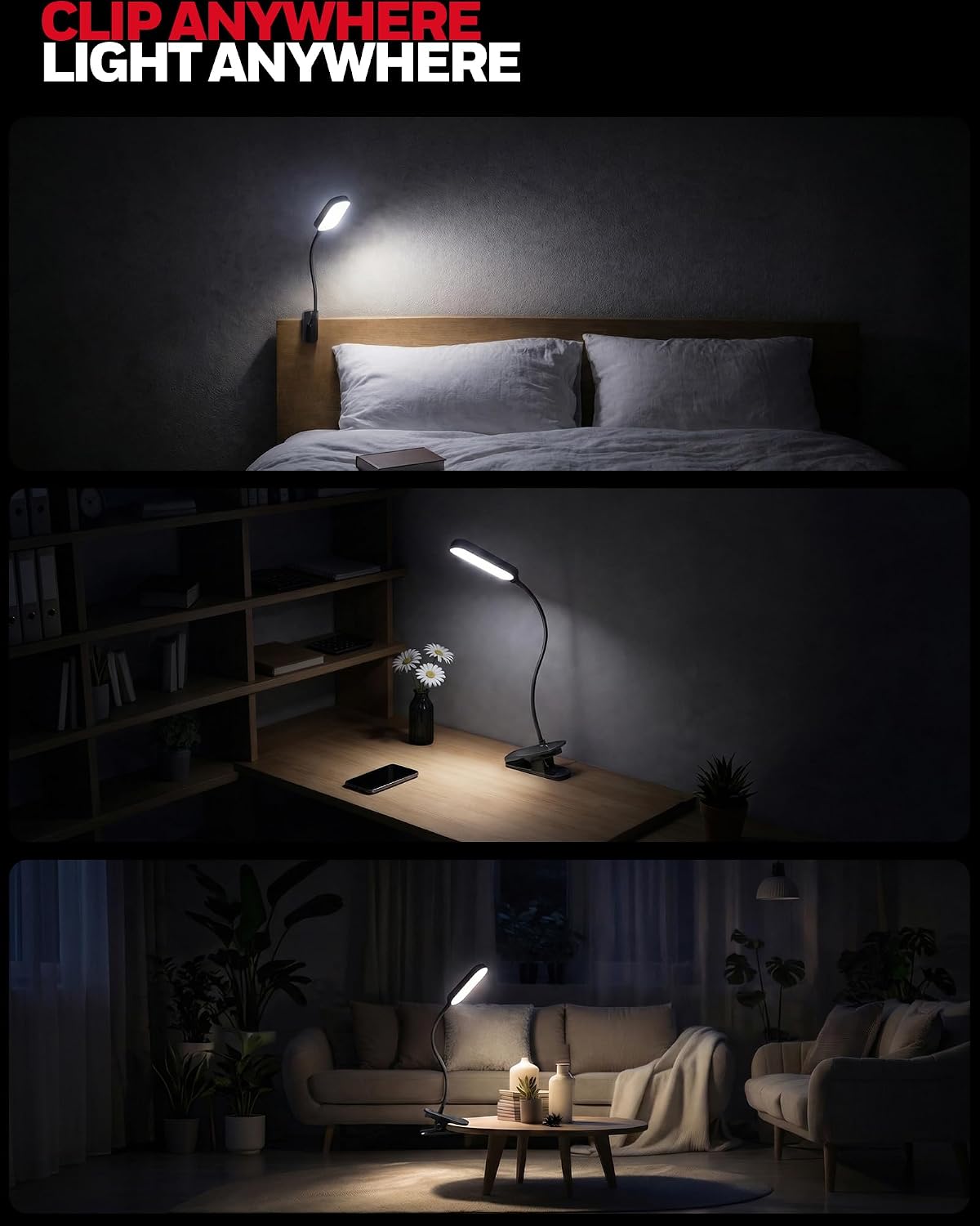 Honeywell Clip On Reading Light, Rechargeable Gooseneck CRI95 4000K Dimming | 2000mAh Battery,Touch Desk Lamp White