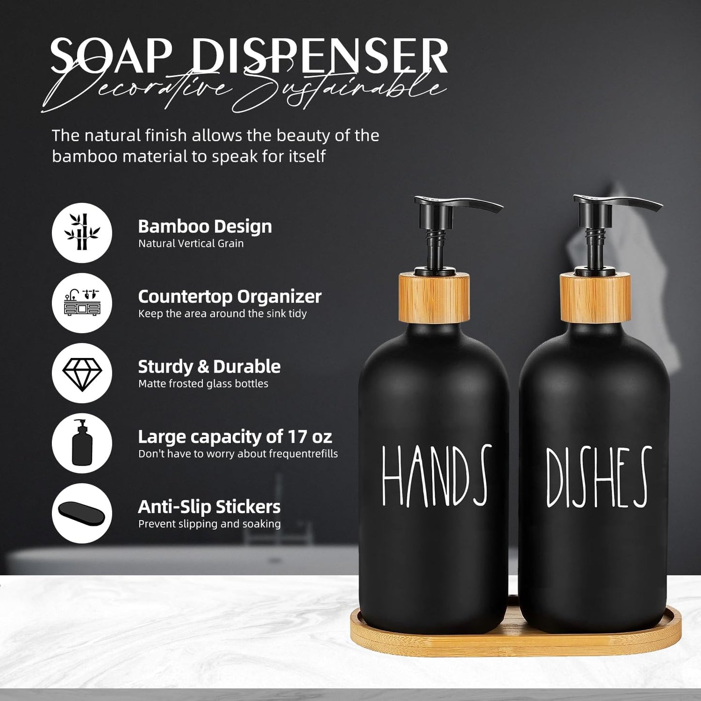 Arktek Glass Soap Dispenser Set with Tray, 2 Pack Hand and Dish Soap Dispenser Set for Bathroom and Kitchen Bottle