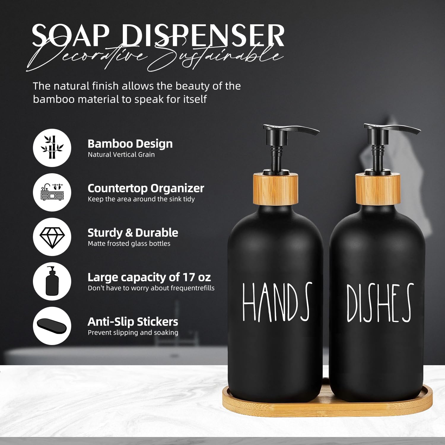 Arktek Glass Soap Dispenser Set with Tray, 2 Pack Hand and Dish Soap Dispenser Set for Bathroom and Kitchen Bottle