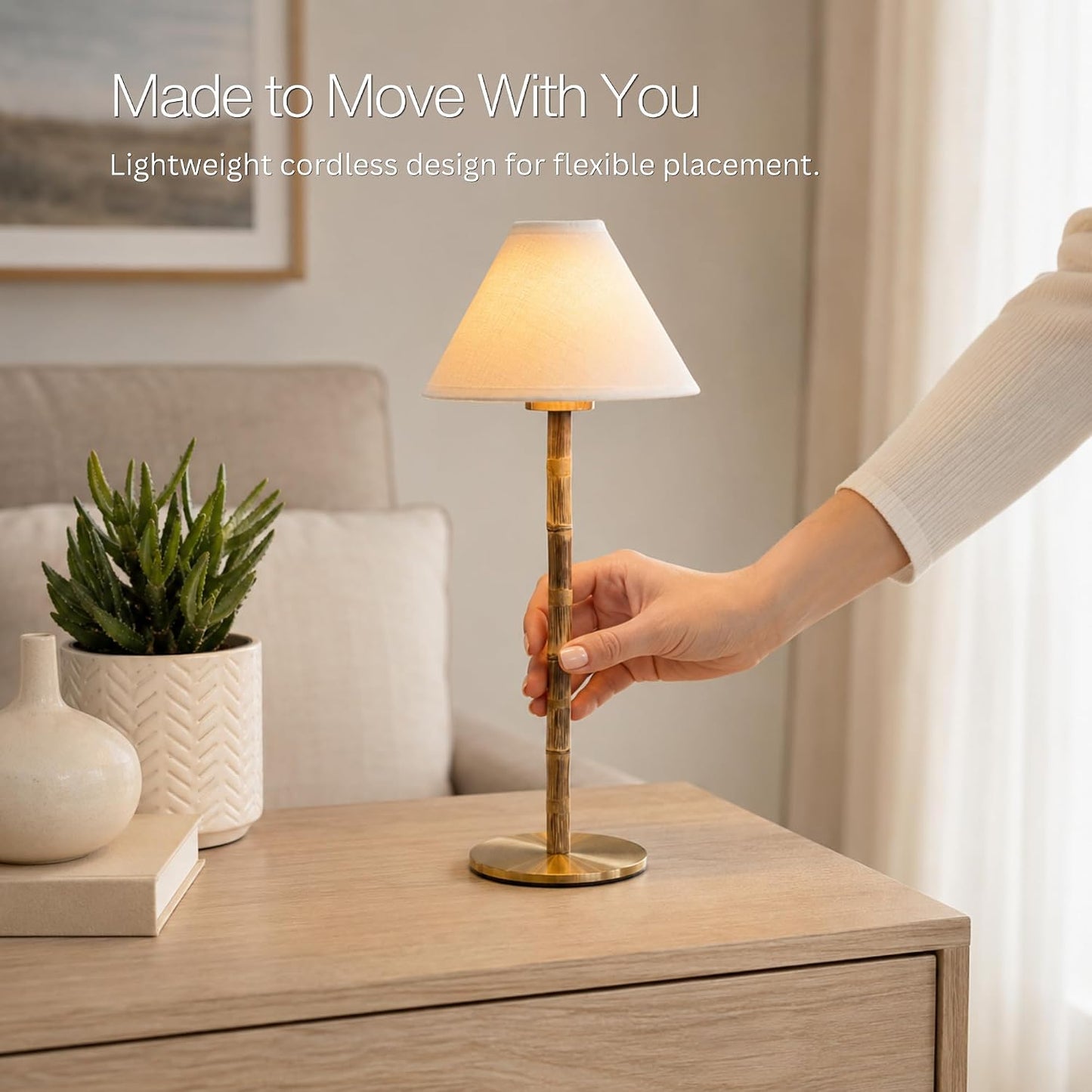 Bamboo Cordless LED Table Lamp – Rechargeable 24-Hour Battery, Dimmable Warm Light, Portable Wireless Lamp with Remote