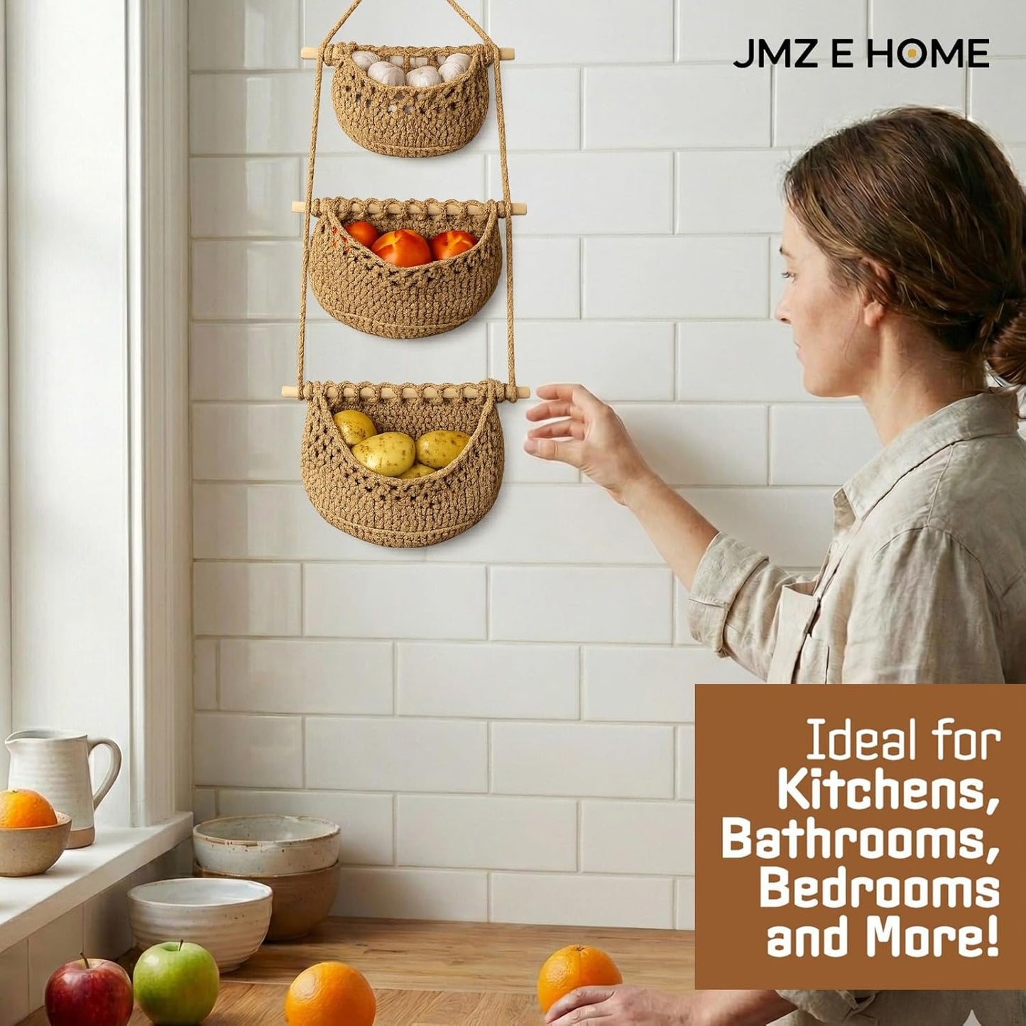 3 Tier Woven Wall Basket / Brown
