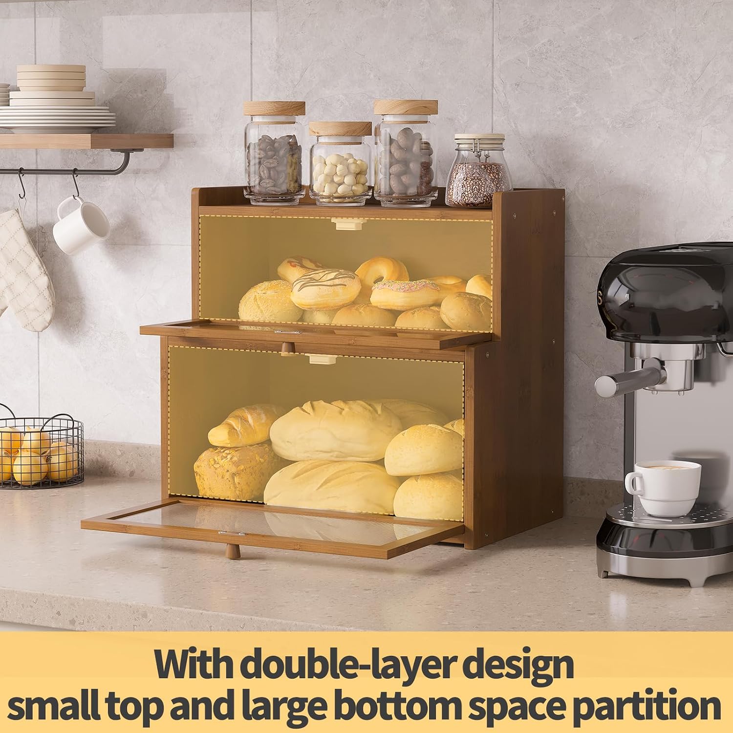 Double Layer Bamboo Bread Box for Kitchen Counter,Bread Holder,Countertop Bread Storage with Window (Brown)