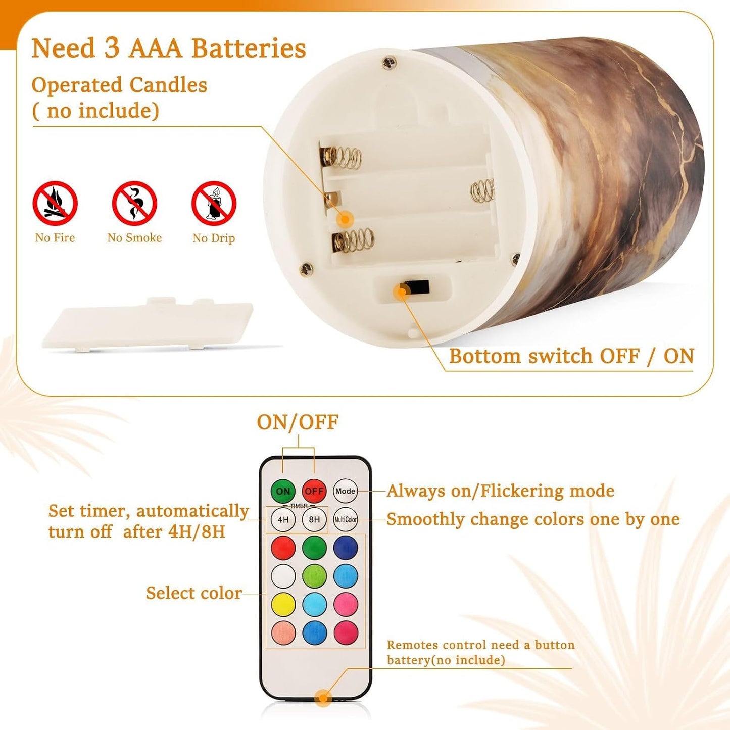 Flickering Flameless Candles, Brown White Marble LED Candles with Remote Timer, Set of 2 Battery Operated Candle for